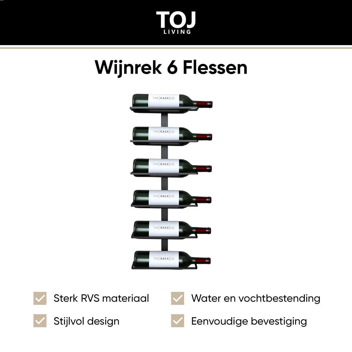 TOJ Living Hangend Wijnrek - Geschikt voor 6 Flessen - RVS - Mat Zwart