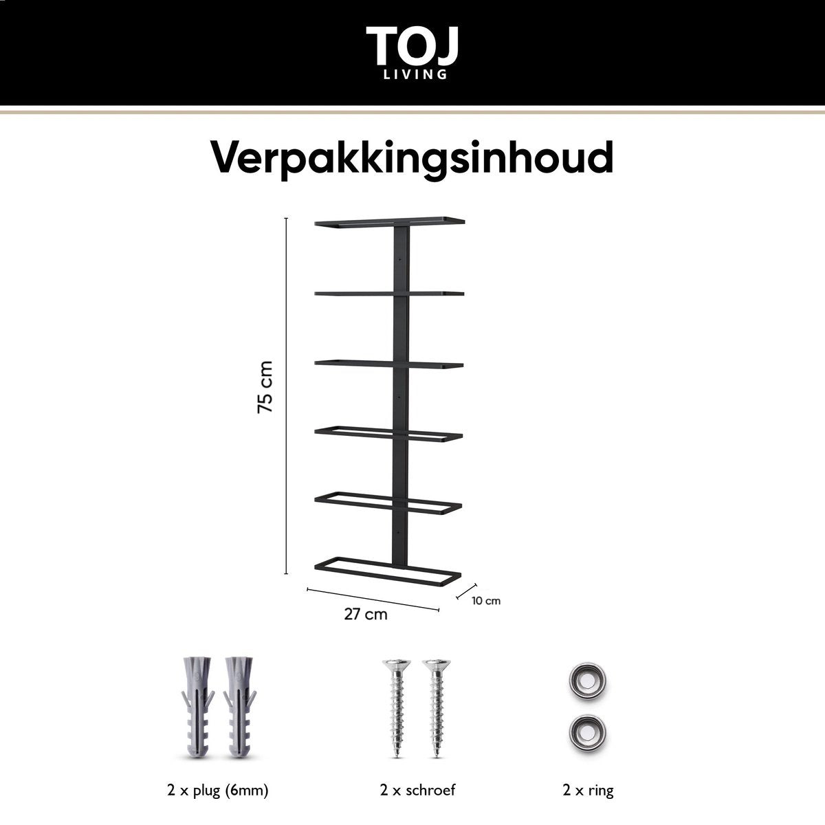 TOJ Living Hangend Wijnrek - Geschikt voor 6 Flessen - RVS - Mat Zwart