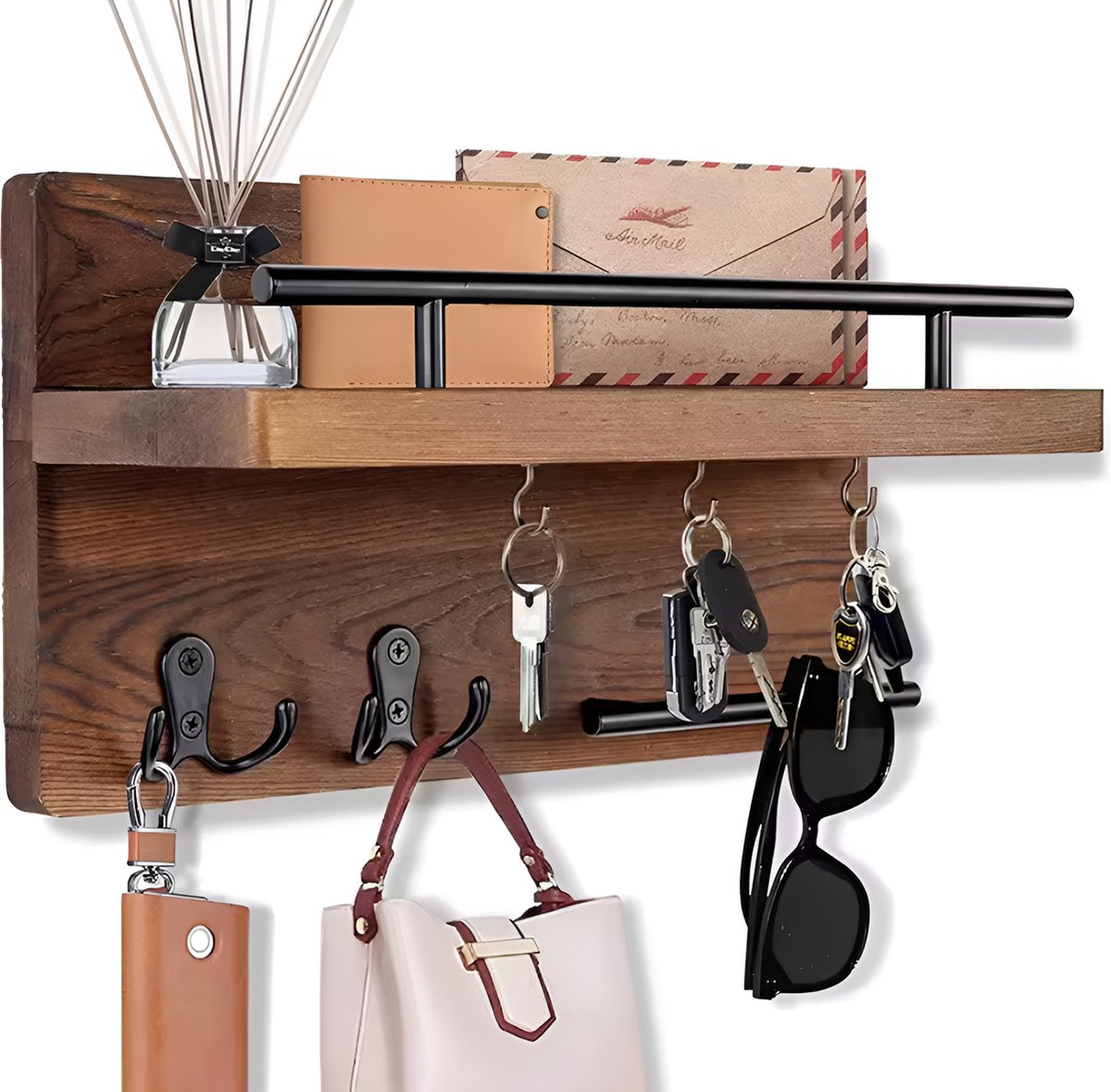 Schlüsselbrett aus Holz – Haken, Ablage & Hängeleiste – dunkelbraun | TOJ Living