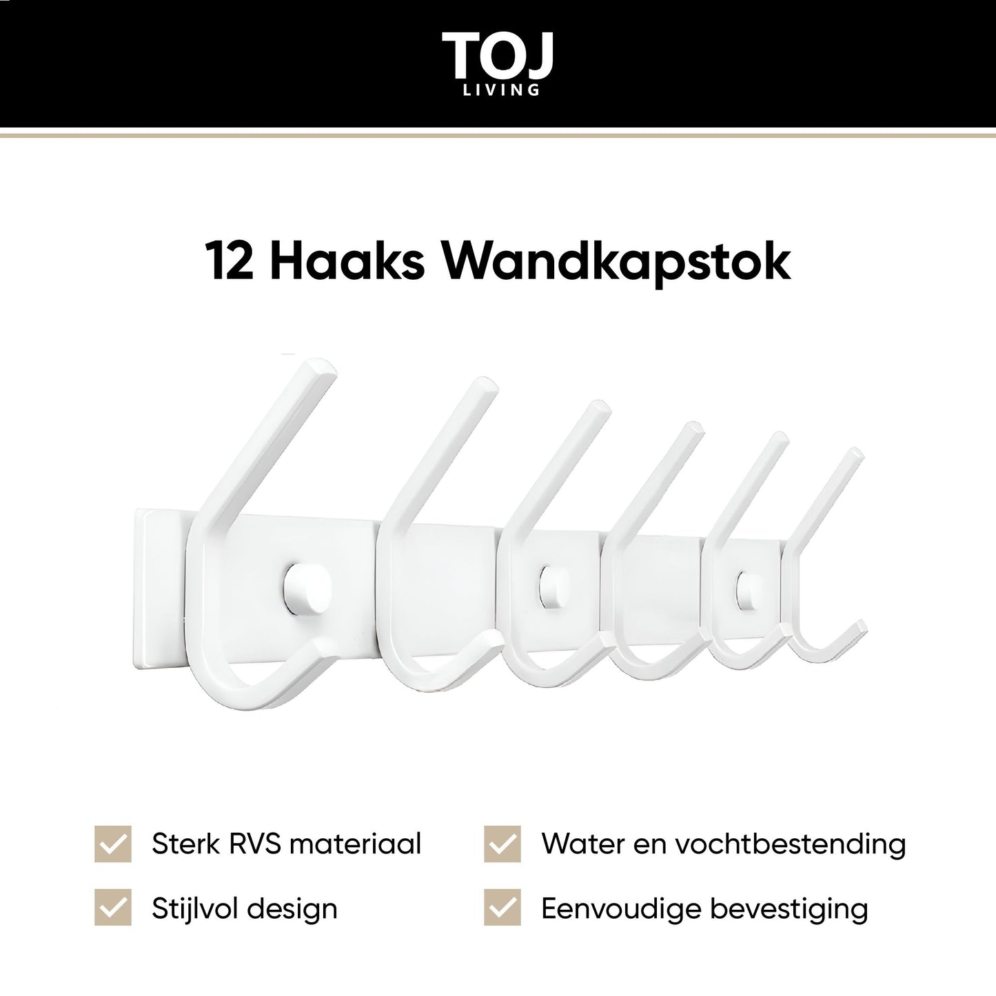 Wandgarderobe  12 Haken – Edelstahl – 46 cm – Weiß | TOJ Living