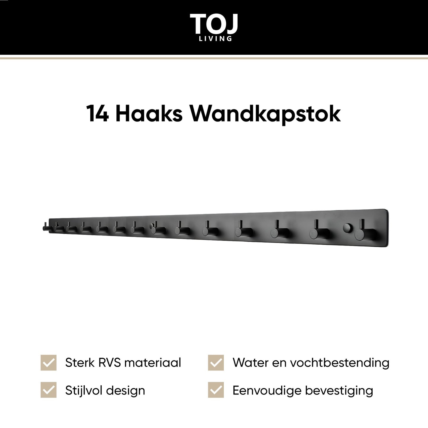 TOJ Living 14 Haaks Wandkapstok - RVS - 95CM - Mat Zwart