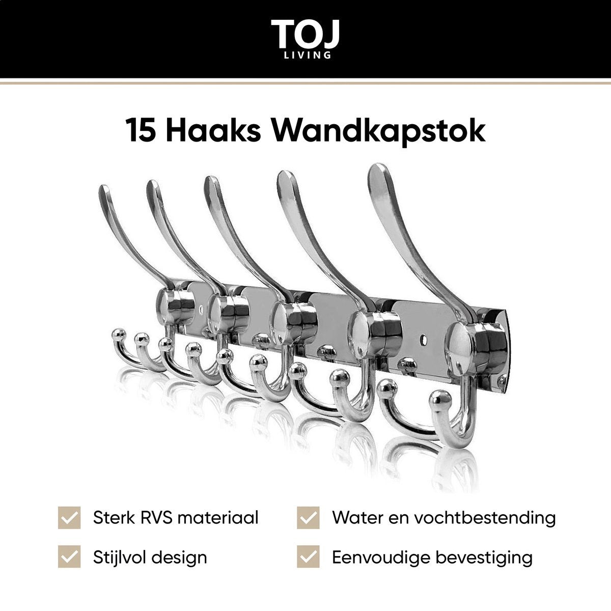 Wandgarderobe 15 Haken – Edelstahl – 45 cm – Chrom | TOJ Living