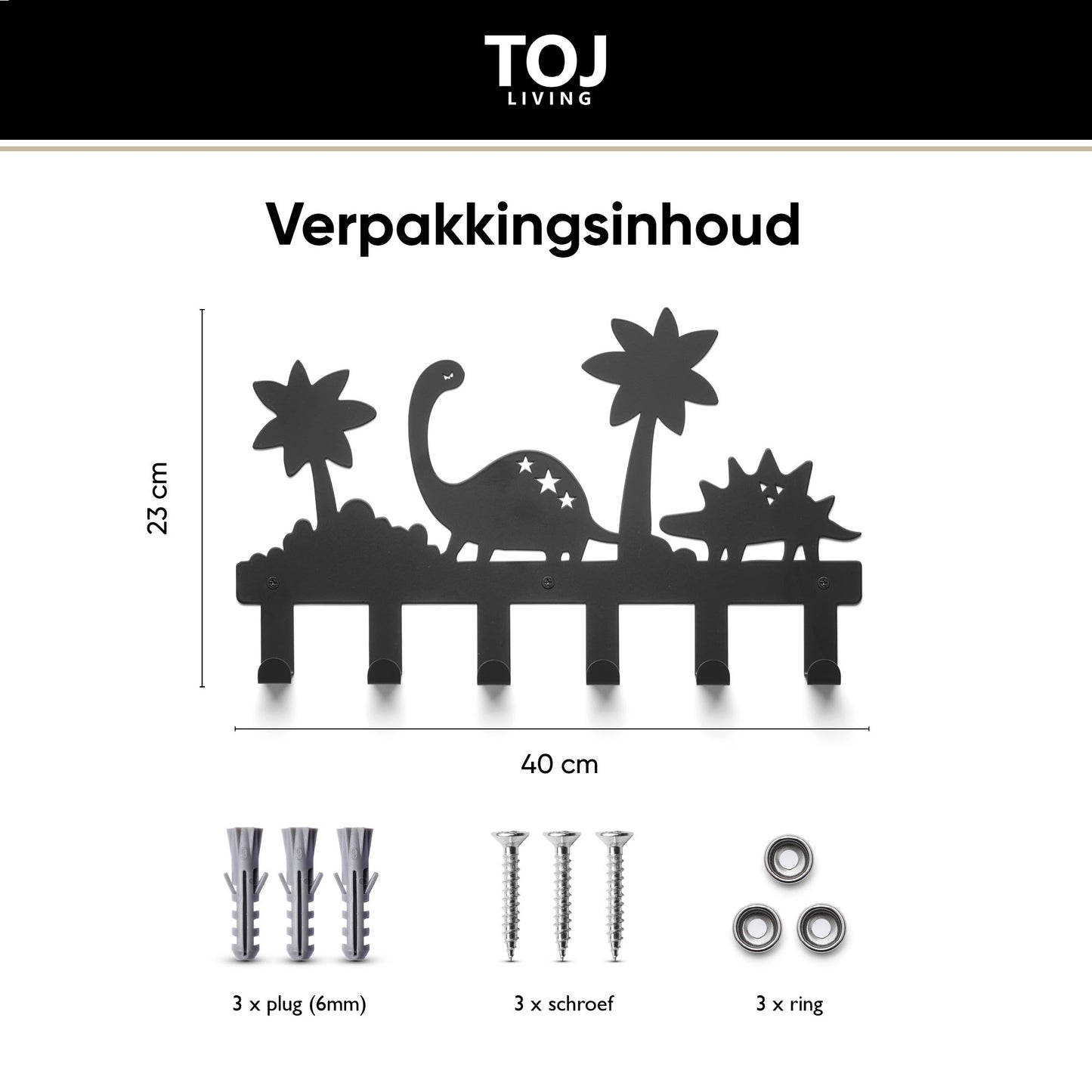 Dino Kindergarderobe 6 Haken – Edelstahl – 40 cm – matt-schwarz | TOJ Living