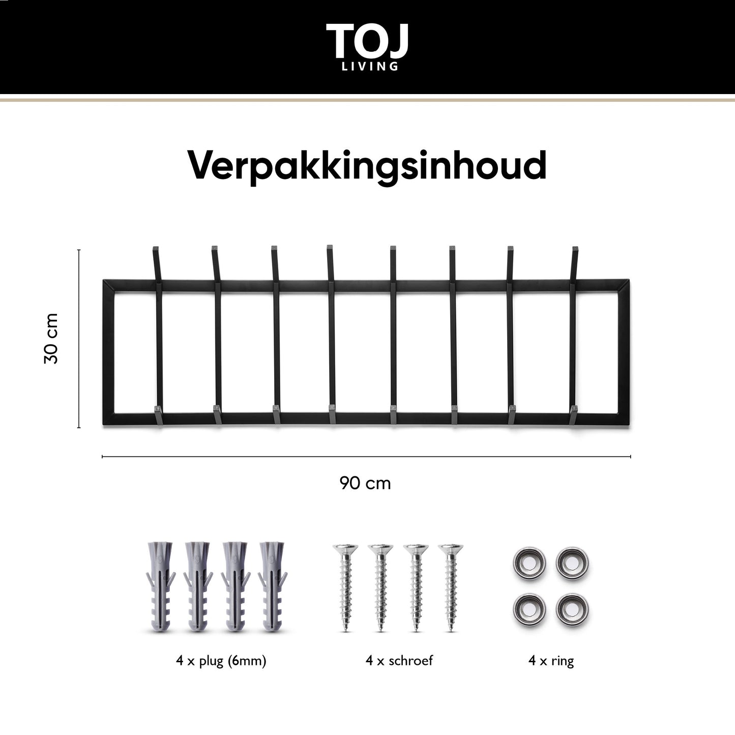 Wandkapstok 16 haken - RVS - 90 cm - Mat zwart | TOJ Living