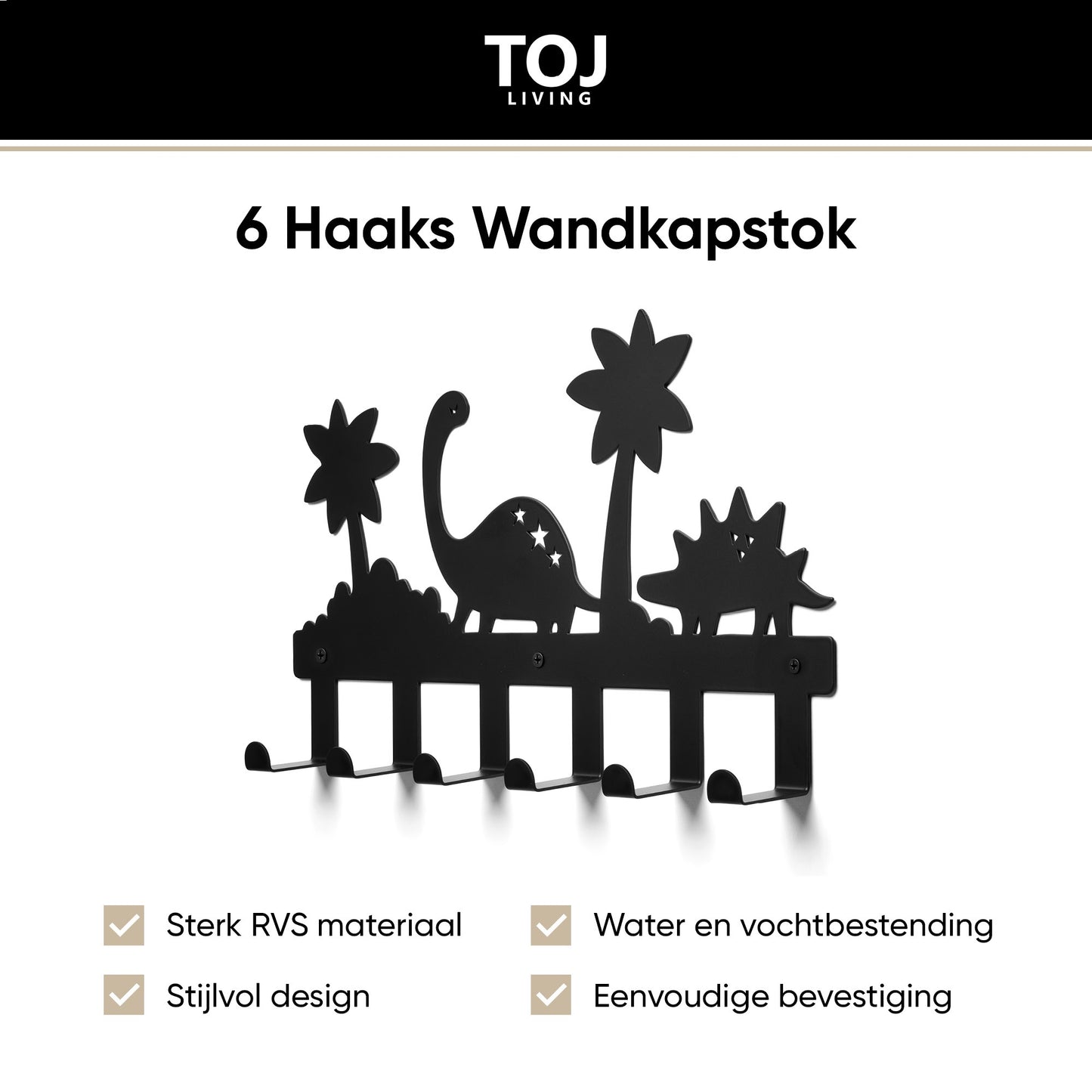 Dino Kindergarderobe 6 Haken – Edelstahl – 40 cm – matt-schwarz | TOJ Living
