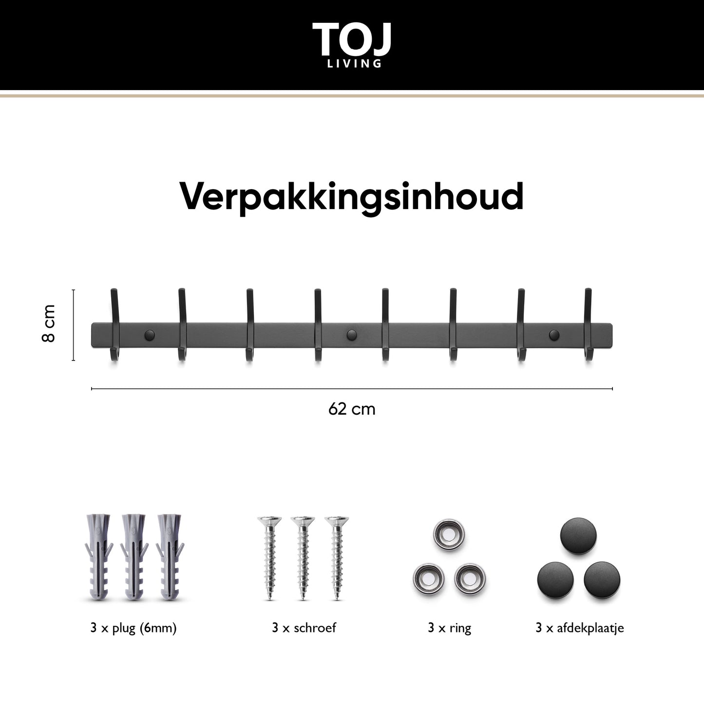 Wandgarderobe 16 Haken – Edelstahl – 62 cm – matt-schwarz | TOJ Living
