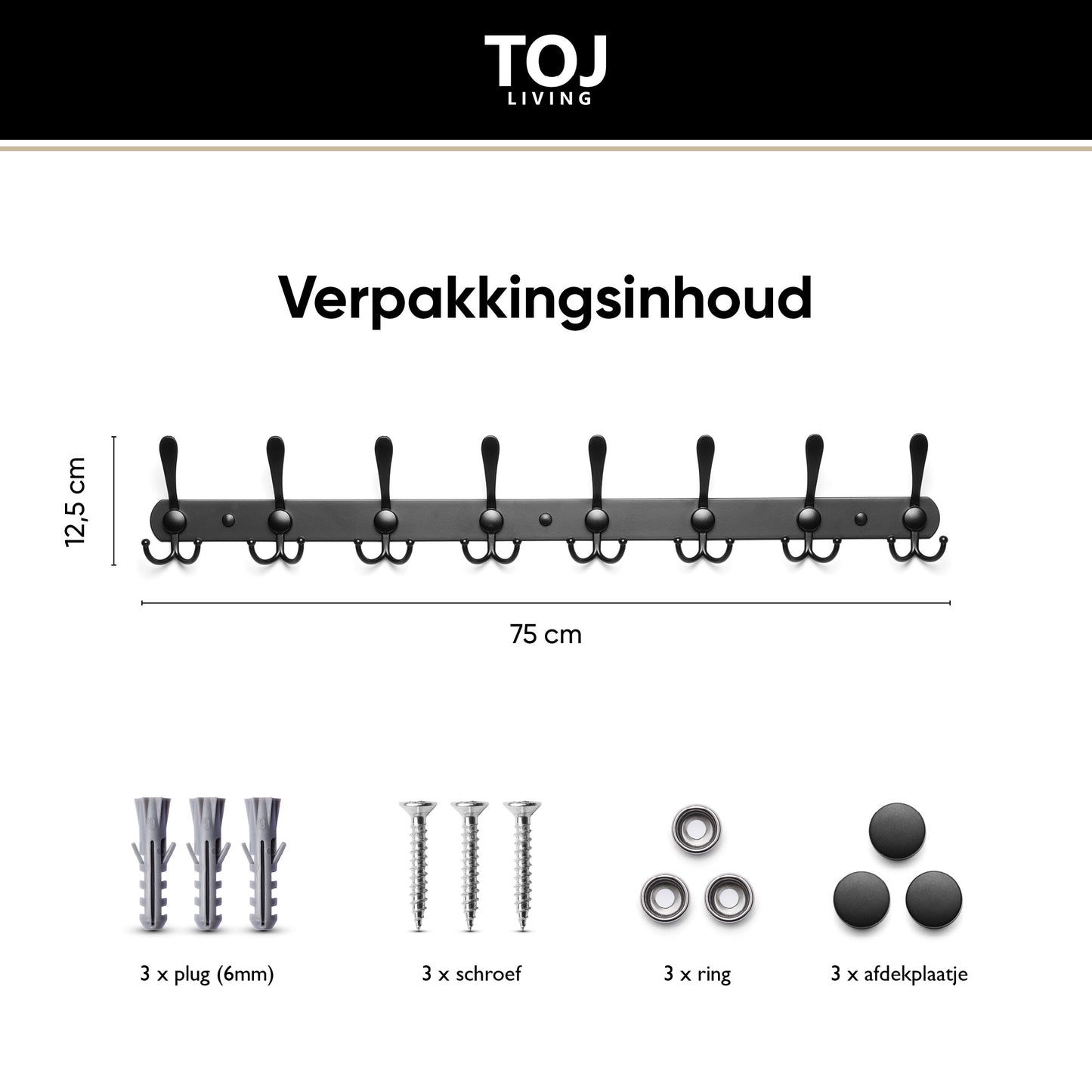 Wandgarderobe 24 Haken – Edelstahl – 75 cm – matt-schwarz | TOJ Living