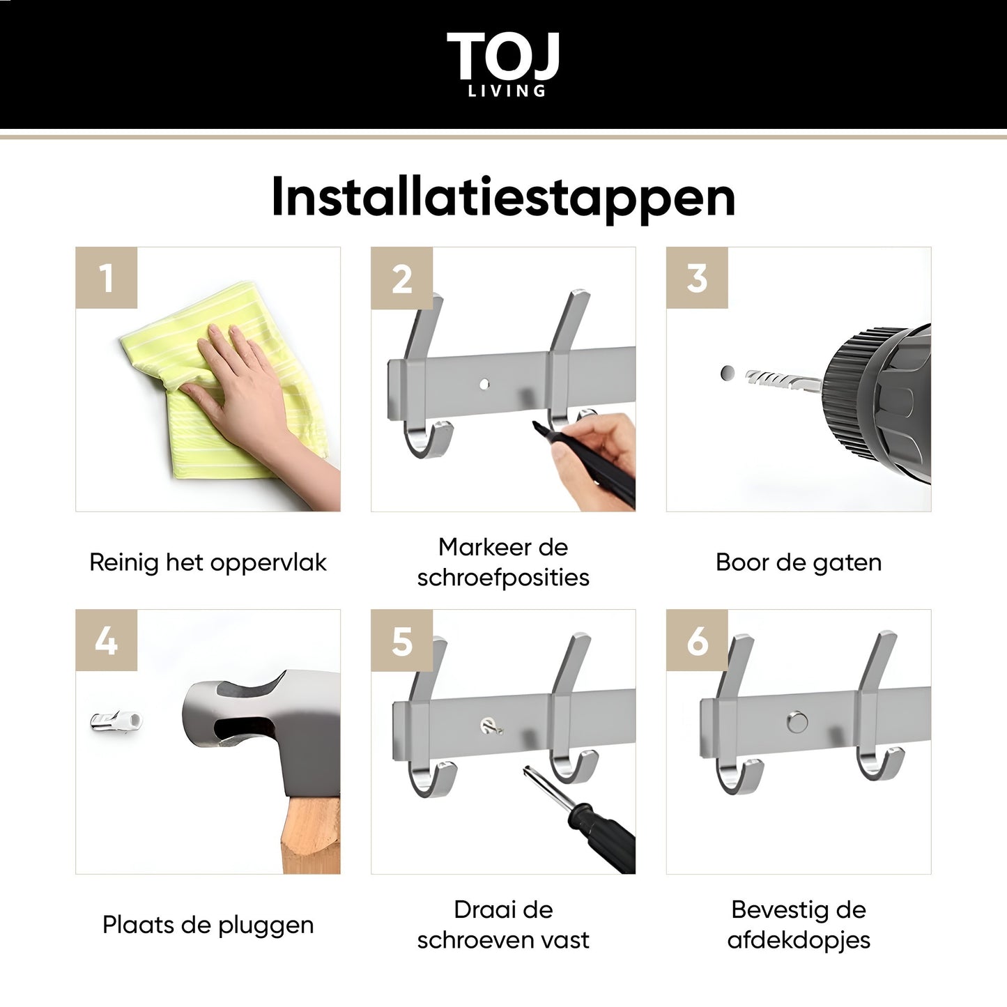 Wandgarderobe 12 Haken – Edelstahl – 46 cm – Silber | TOJ Living