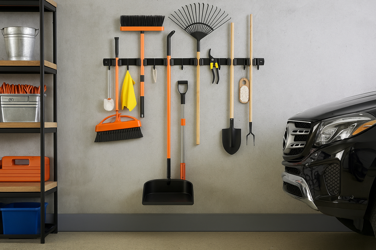 Besenhalter – 7 Klemmen & 8 Haken – 82 cm – Edelstahl – matt-schwarz | TOJ Living