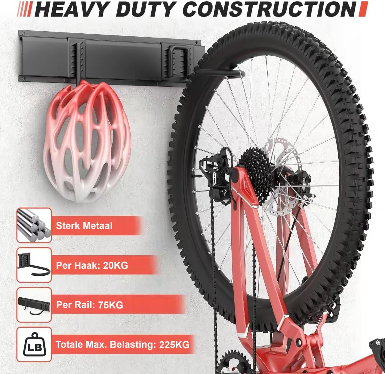 Fahrrad-Wandhalterung – 3 Basisschienen + 8 Haken – Metall – 120 cm – matt-schwarz | TOJ Living