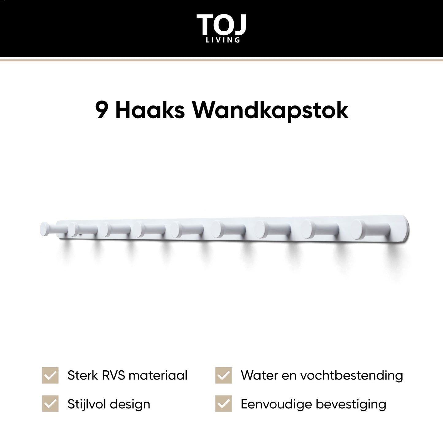 TOJ Living 9 Haaks Wandkapstok - RVS - 62CM - Wit