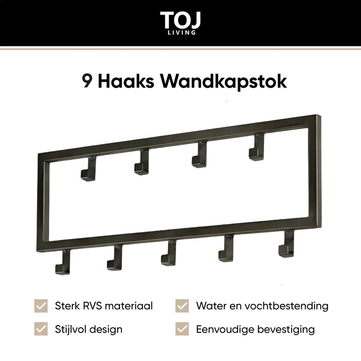 Wandgarderobe 9 Haken – Edelstahl – 50 cm – matt-schwarz | TOJ Living