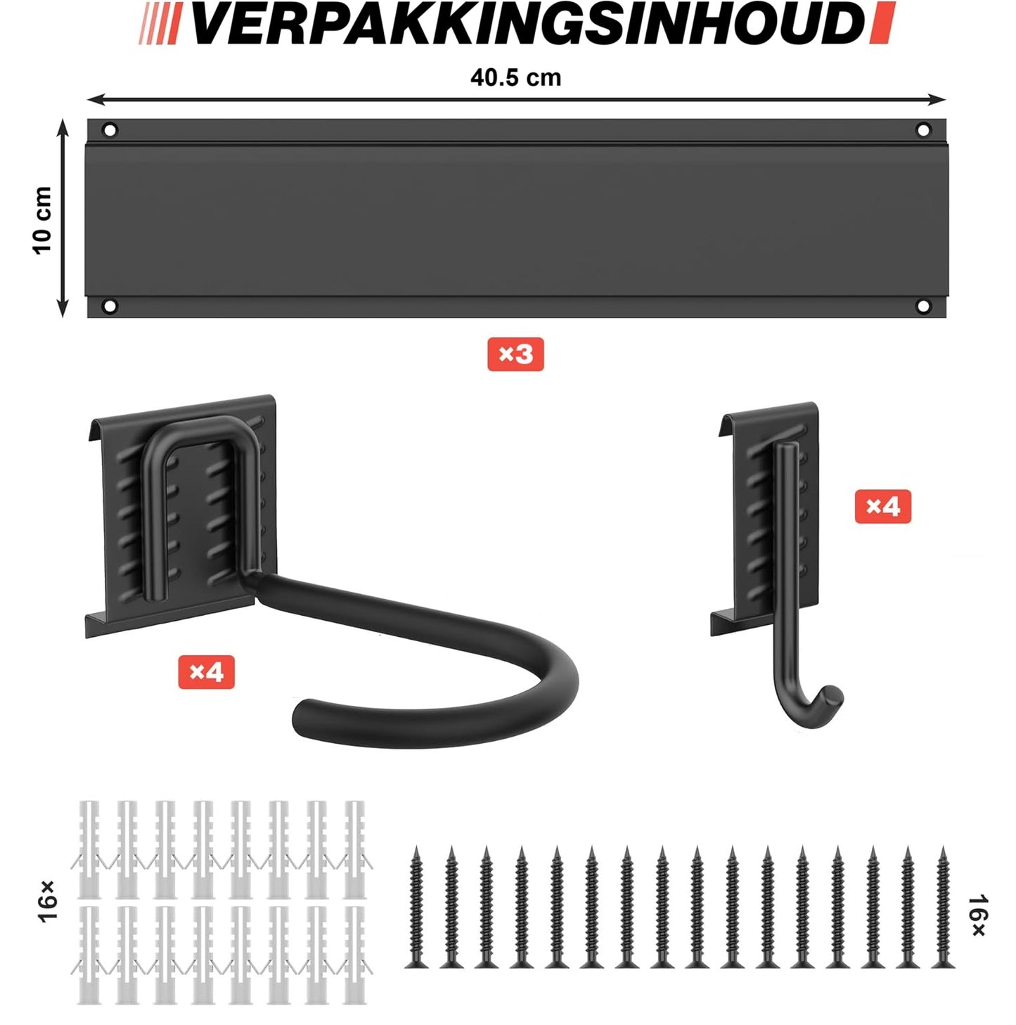Bicycle hanging system (wall) - 1 base rail + 2 hooks - Metal - 40 cm - Matt black | TOJ Living