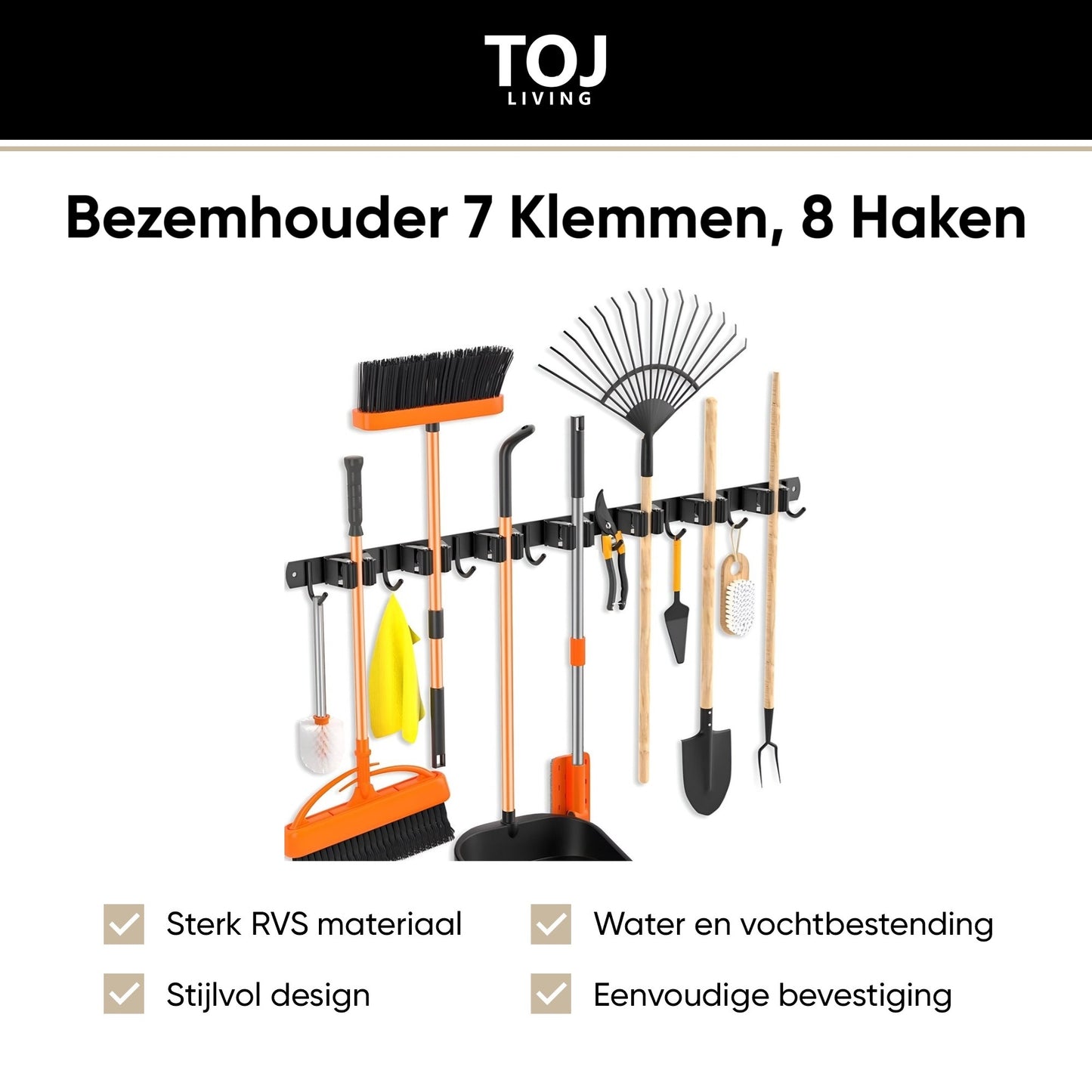 Besenhalter – 7 Klemmen & 8 Haken – 82 cm – Edelstahl – matt-schwarz | TOJ Living