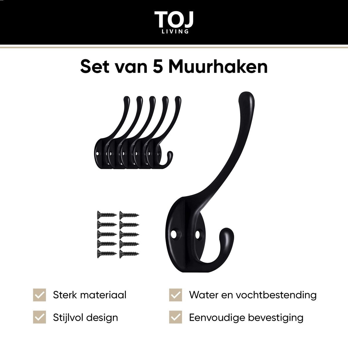 Wandhaken Set 5 Stück – Edelstahl – matt-schwarz | TOJ Living