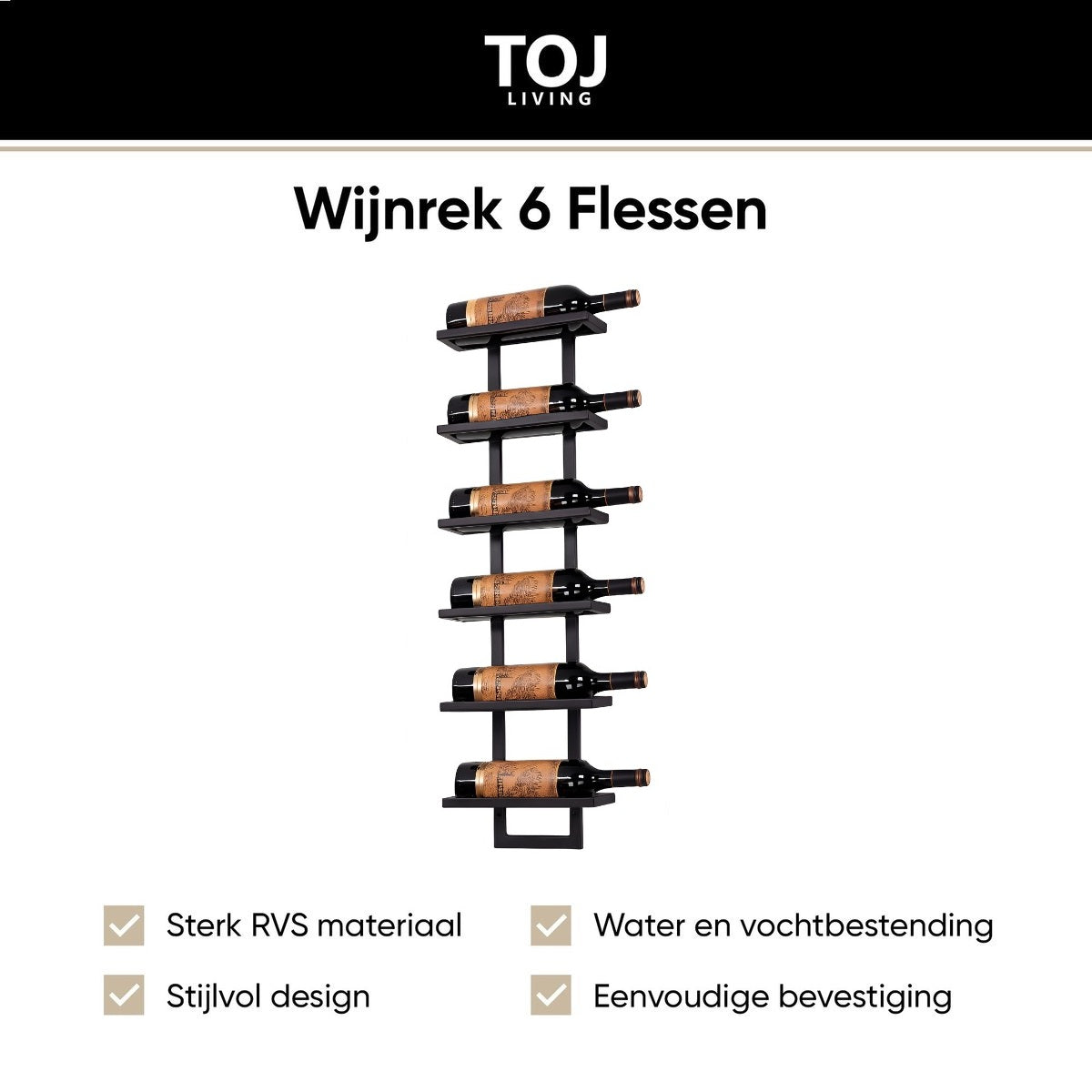 TOJ Living Hangend Wijnrek - Geschikt voor 6 Flessen - RVS - Mat Zwart