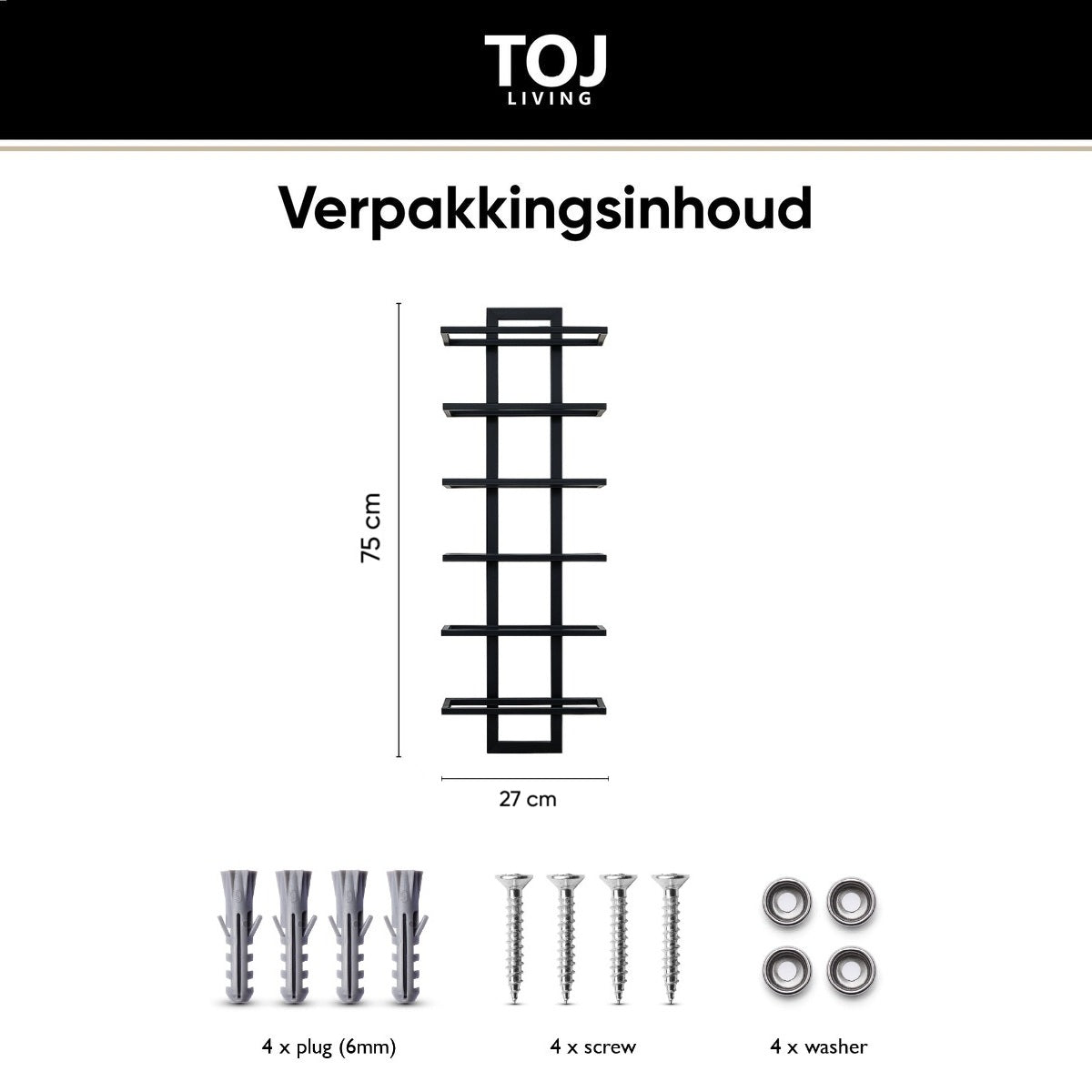 TOJ Living Hangend Wijnrek - Geschikt voor 6 Flessen - RVS - Mat Zwart