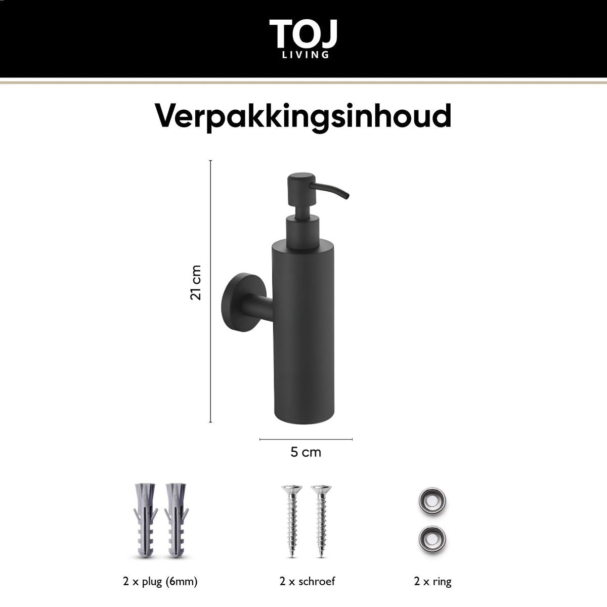 TOJ Living Zeepdispenser Wandmontage - 200ML - RVS - Mat Zwart