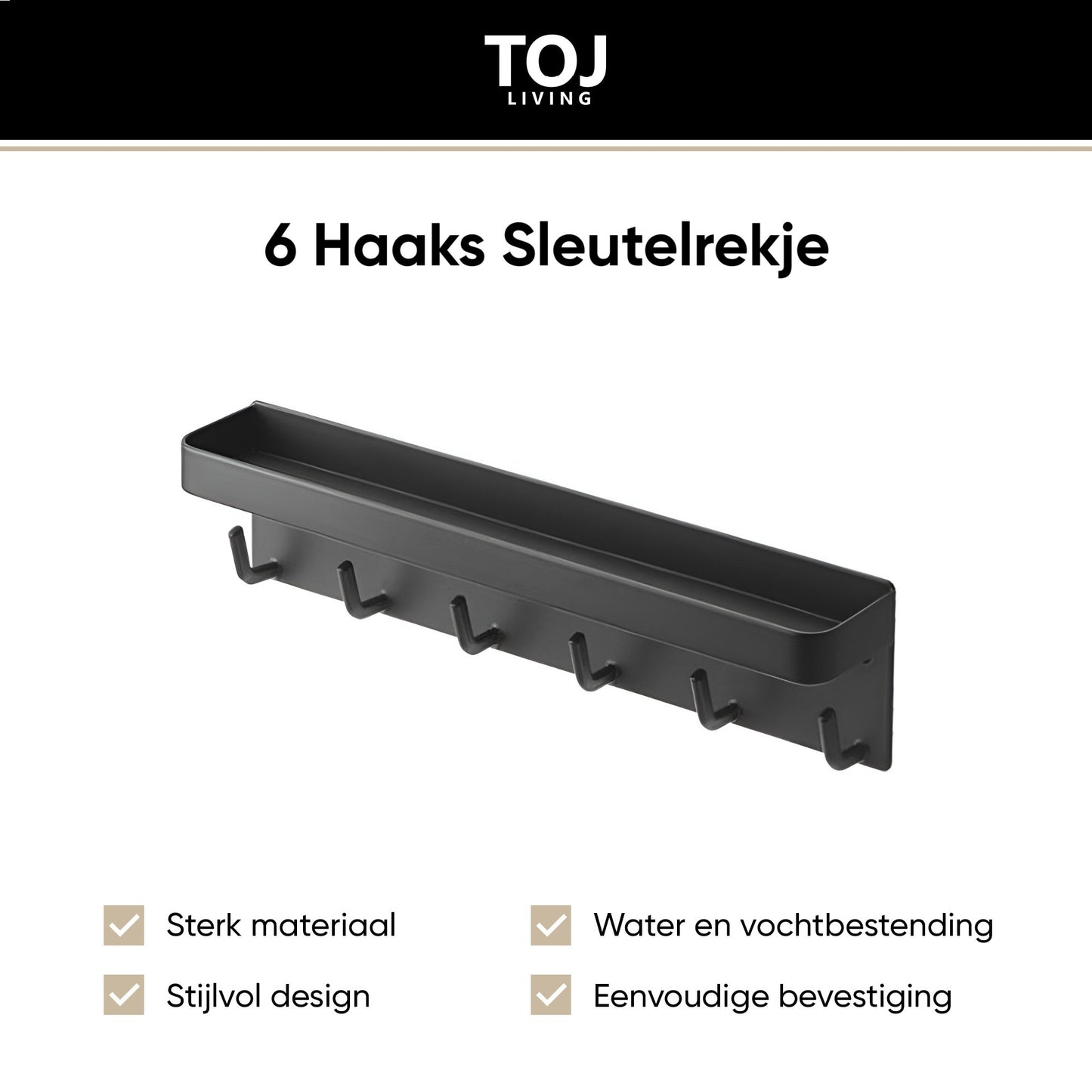 Selbstklebendes Schlüsselbrett – 6 Haken – Metall – 25 cm – matt-schwarz | TOJ Living