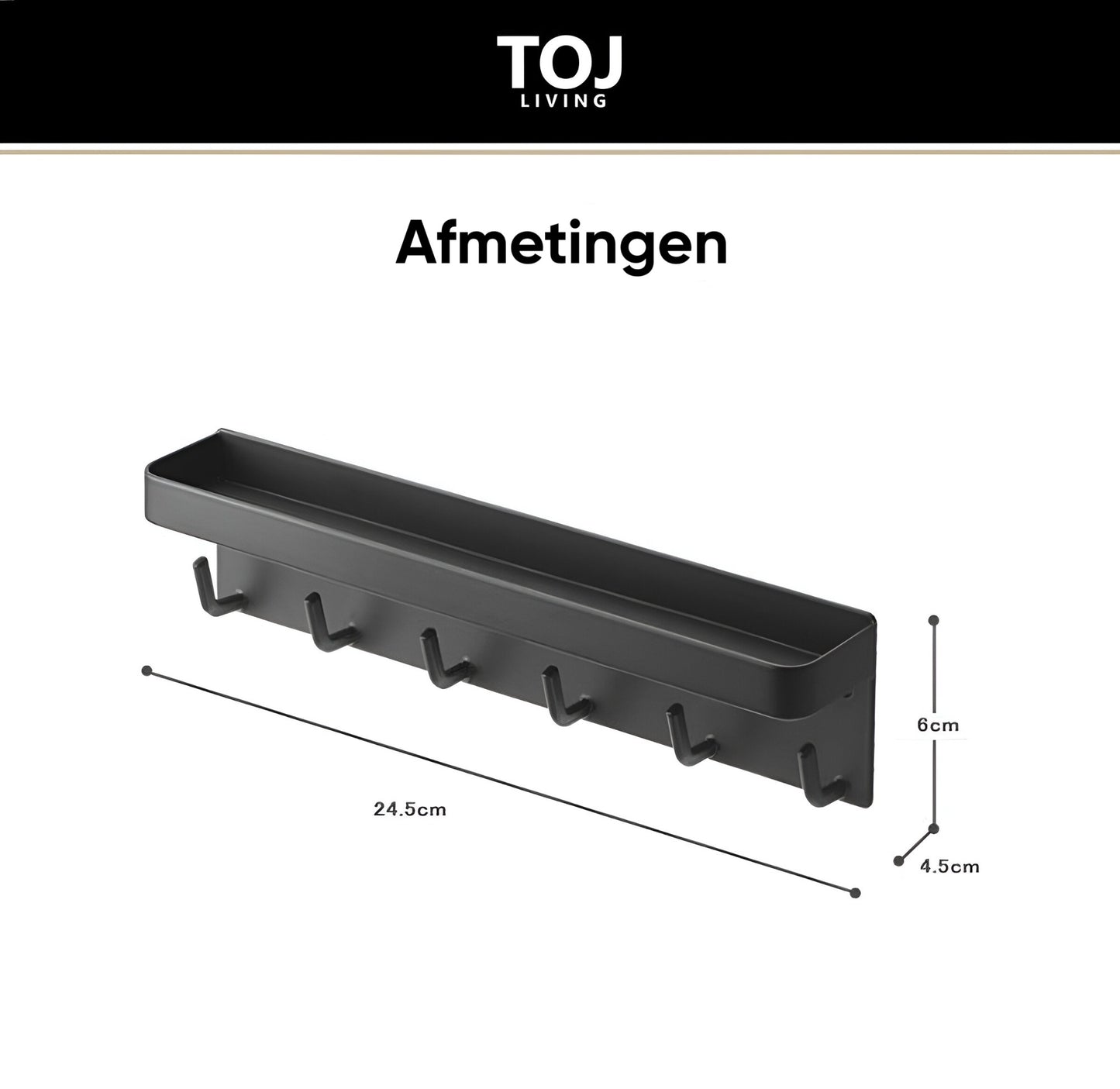 Selbstklebendes Schlüsselbrett – 6 Haken – Metall – 25 cm – matt-schwarz | TOJ Living