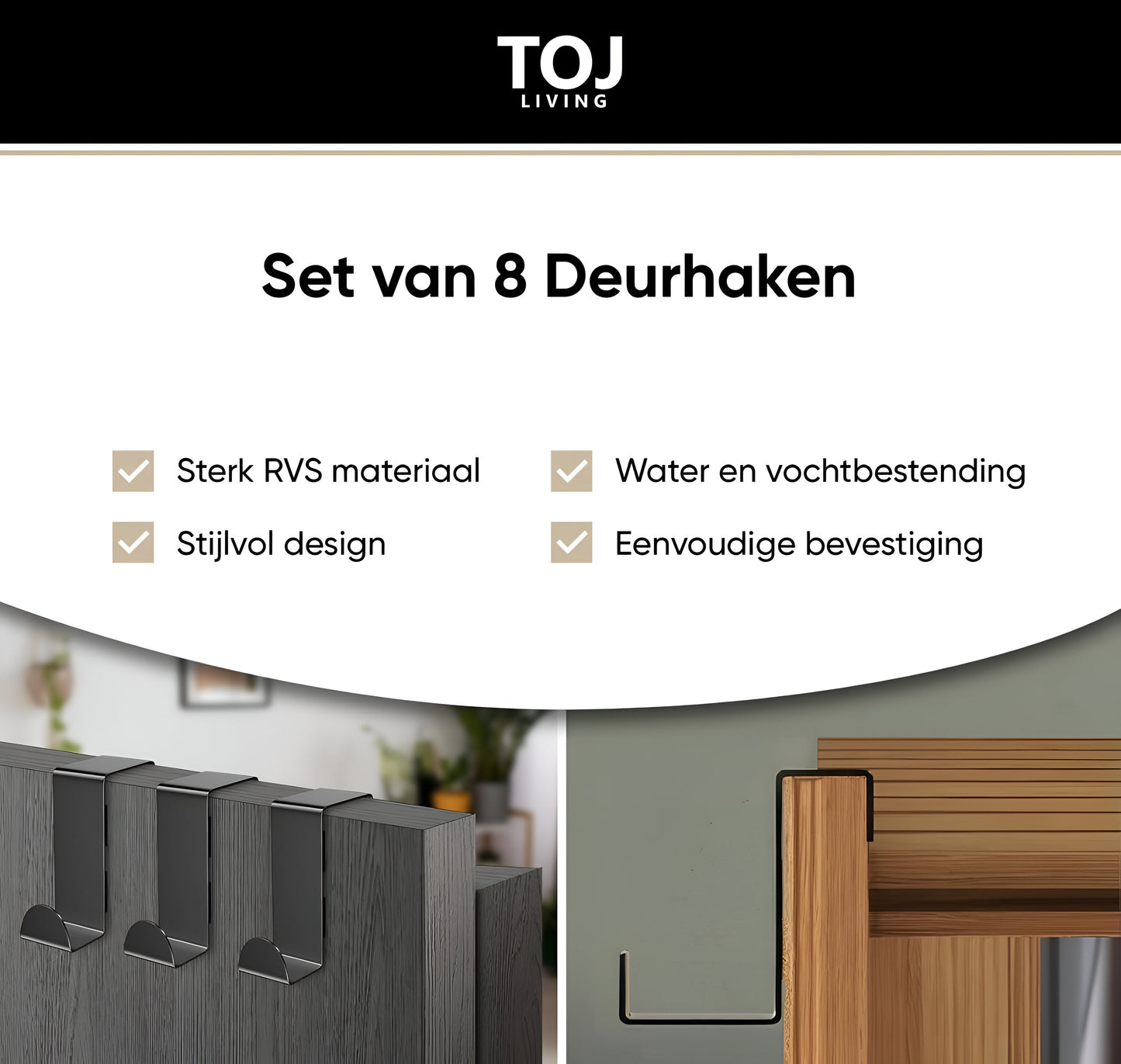 TOJ Living Deurhaken set van 8 Stuks - RVS - Wit