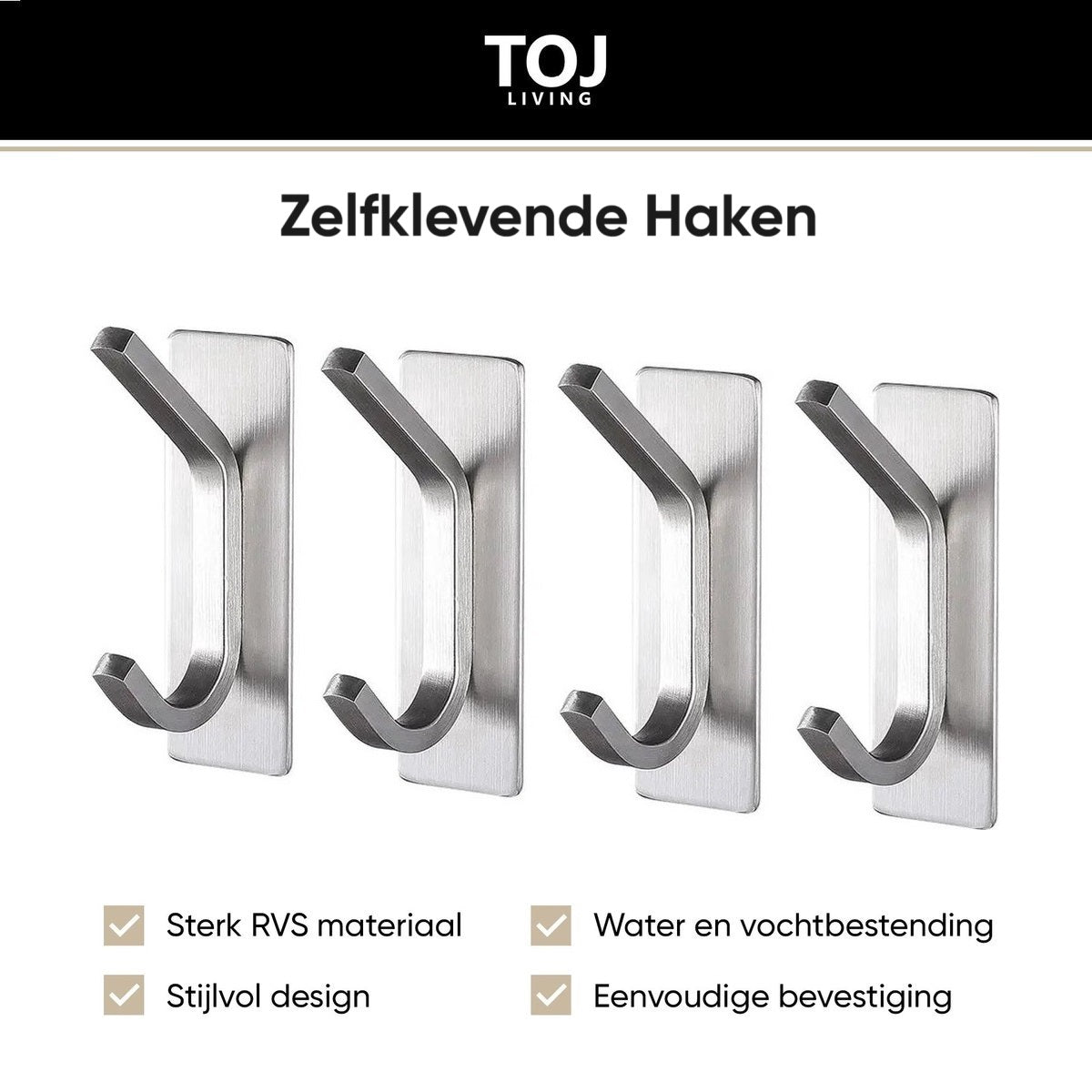 Selbstklebende Wandhaken – 4er-Set – Edelstahl – Silber | TOJ Living