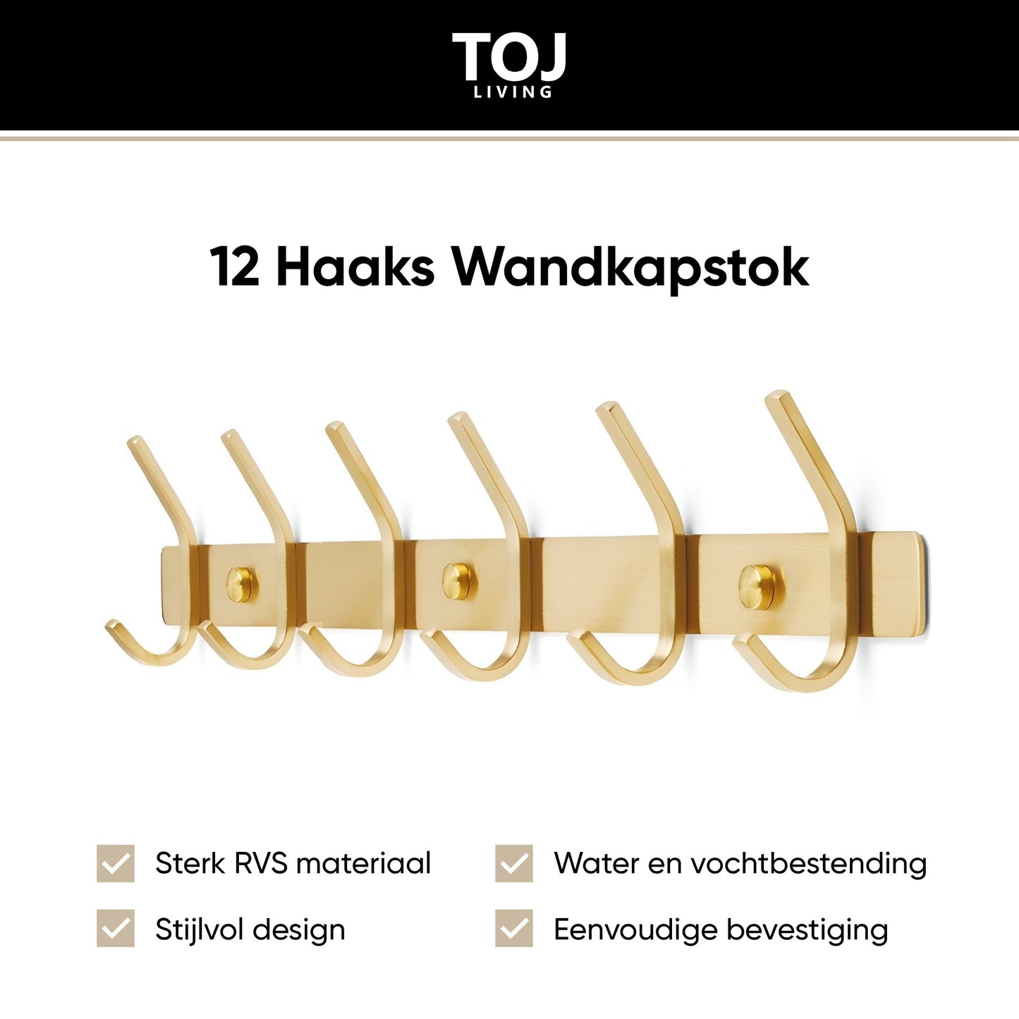 TOJ Living 12 Haaks Wandkapstok - RVS - 46CM - Goud