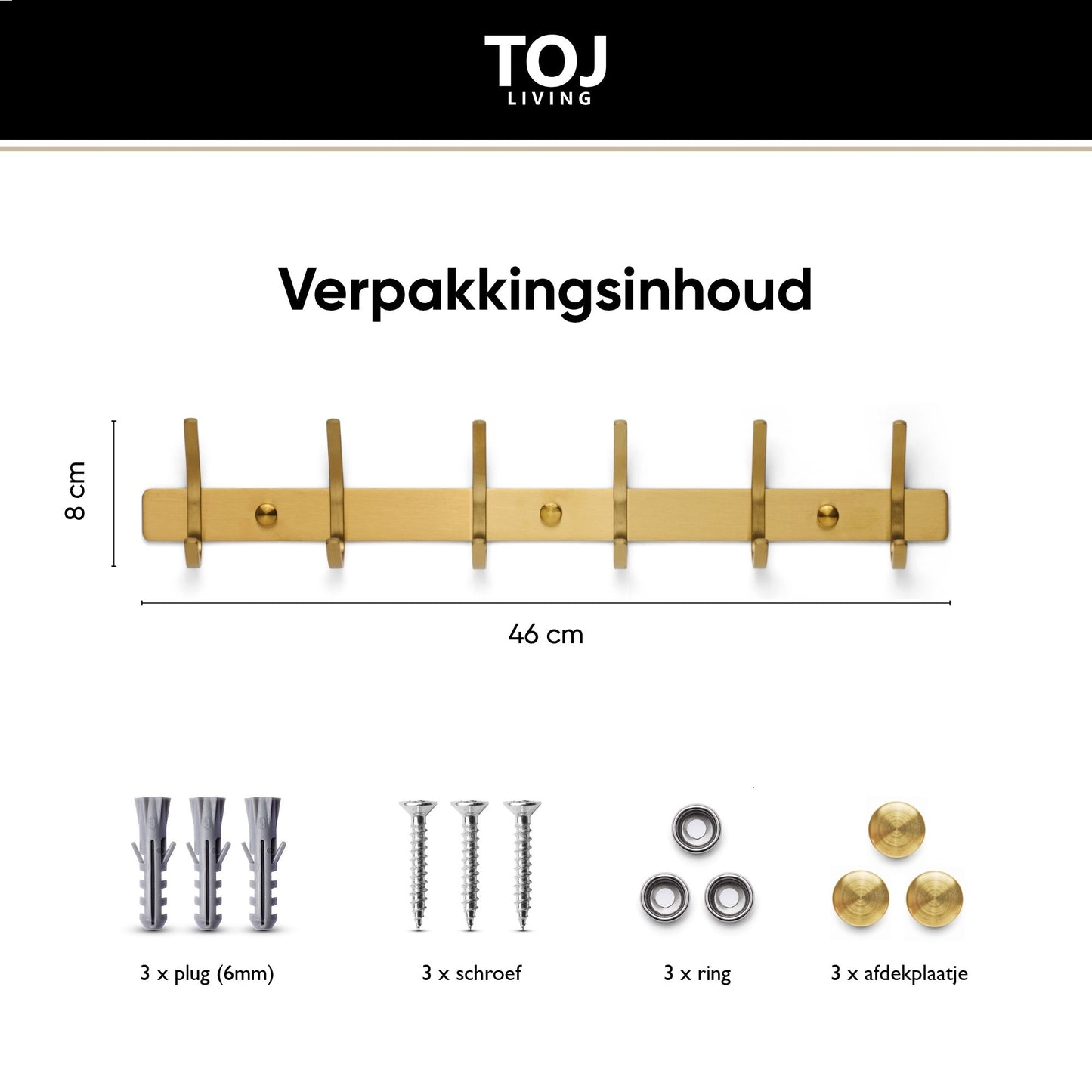 TOJ Living 12 Haaks Wandkapstok - RVS - 46CM - Goud