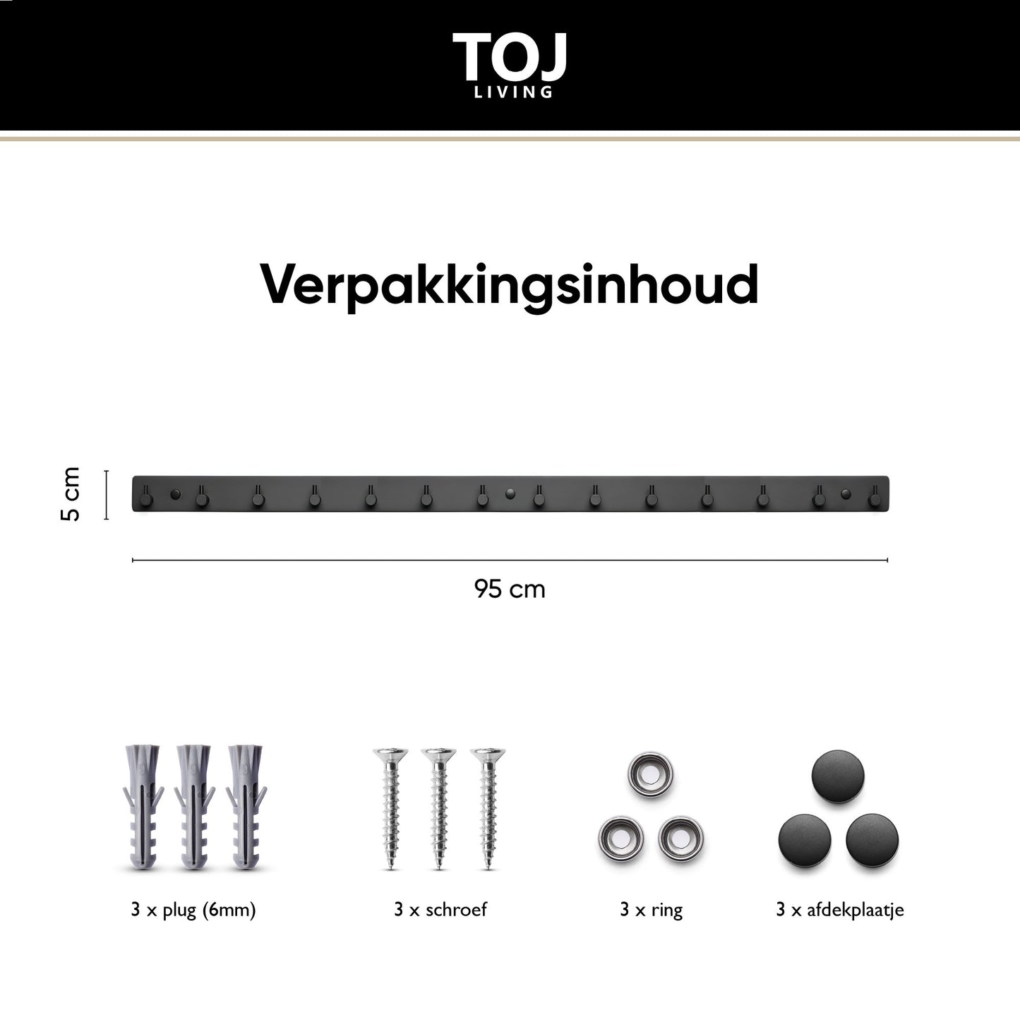 TOJ Living 14 Haaks Wandkapstok - RVS - 95CM - Mat Zwart
