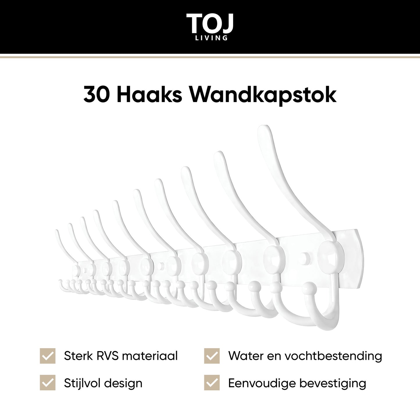 Perchero de pared con 30 ganchos – acero inoxidable – 95 cm – blanco | TOJ Living