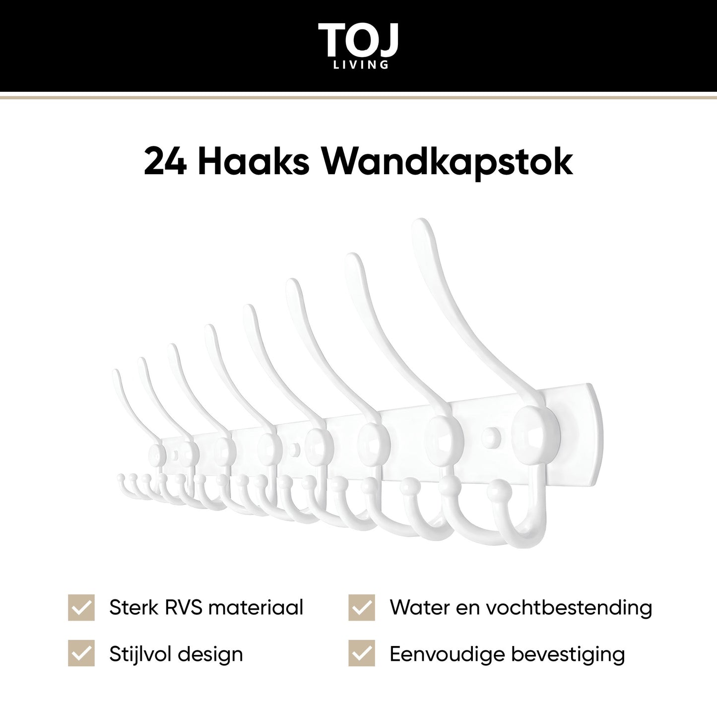 Perchero de pared con 24 ganchos – acero inoxidable – 75 cm – blanco | TOJ Living