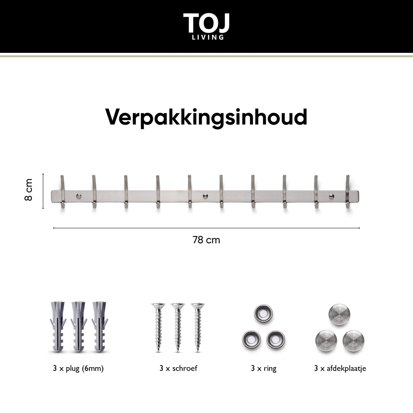 TOJ Living 20 Haaks Wandkapstok - RVS - 78CM - Zilver