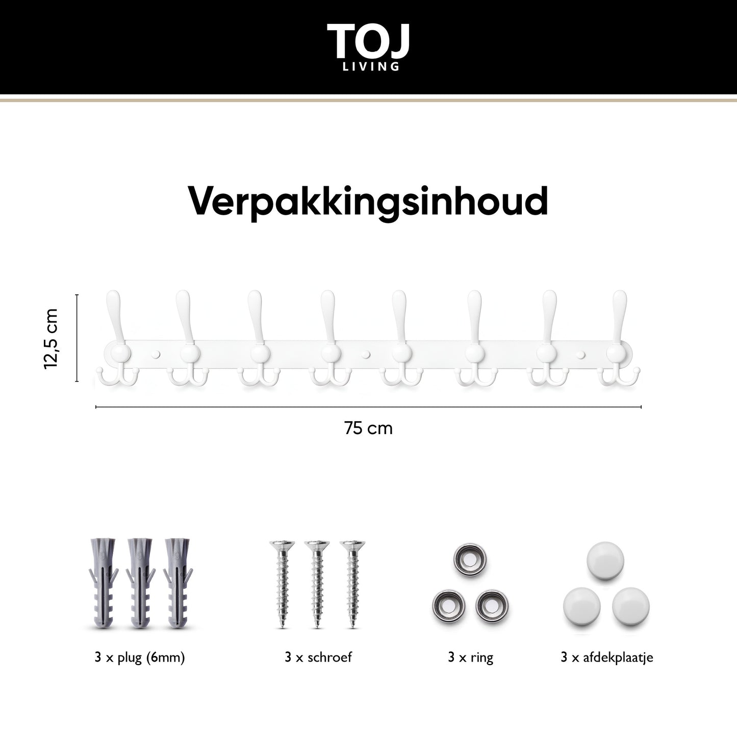 Perchero de pared con 24 ganchos – acero inoxidable – 75 cm – blanco | TOJ Living