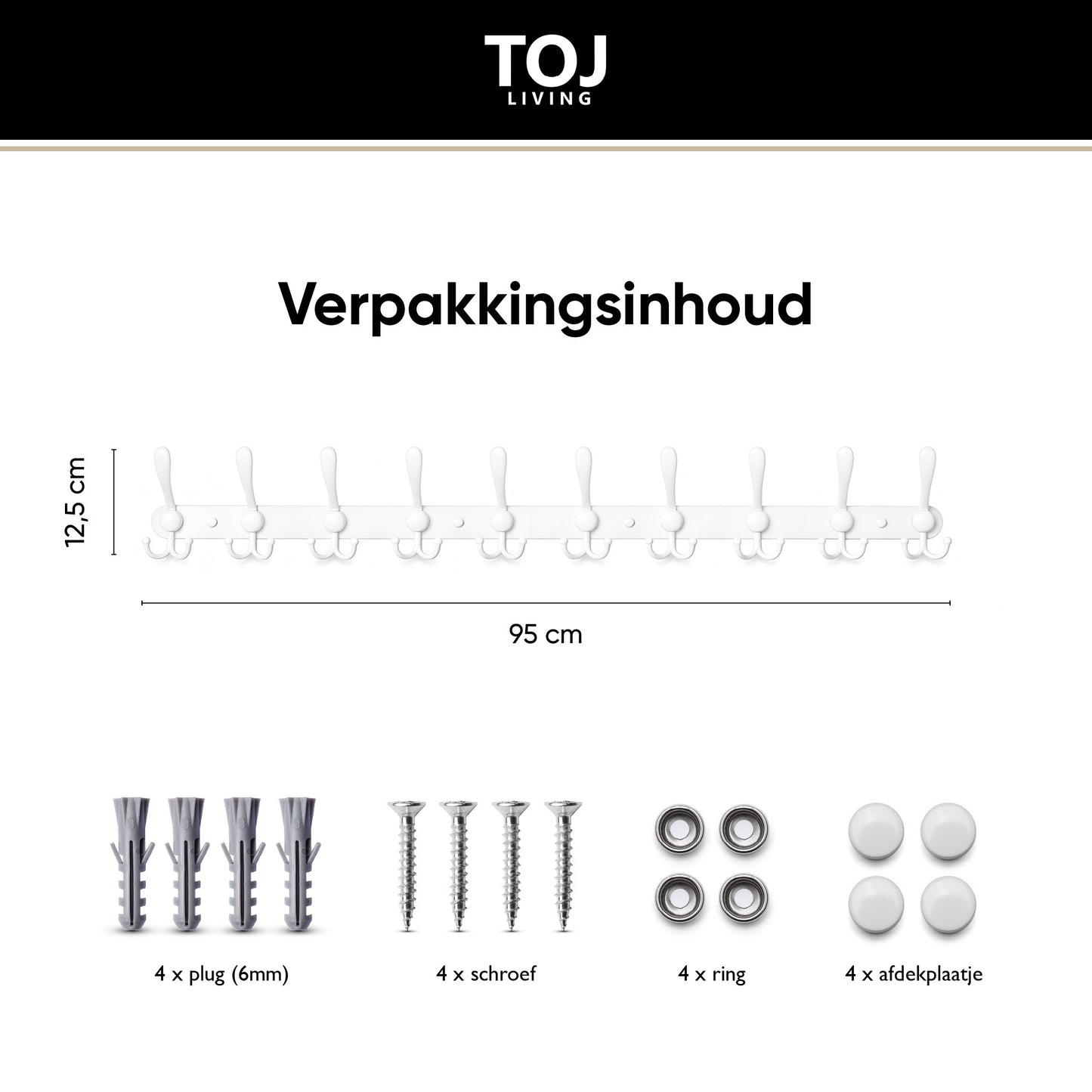 Perchero de pared con 30 ganchos – acero inoxidable – 95 cm – blanco | TOJ Living