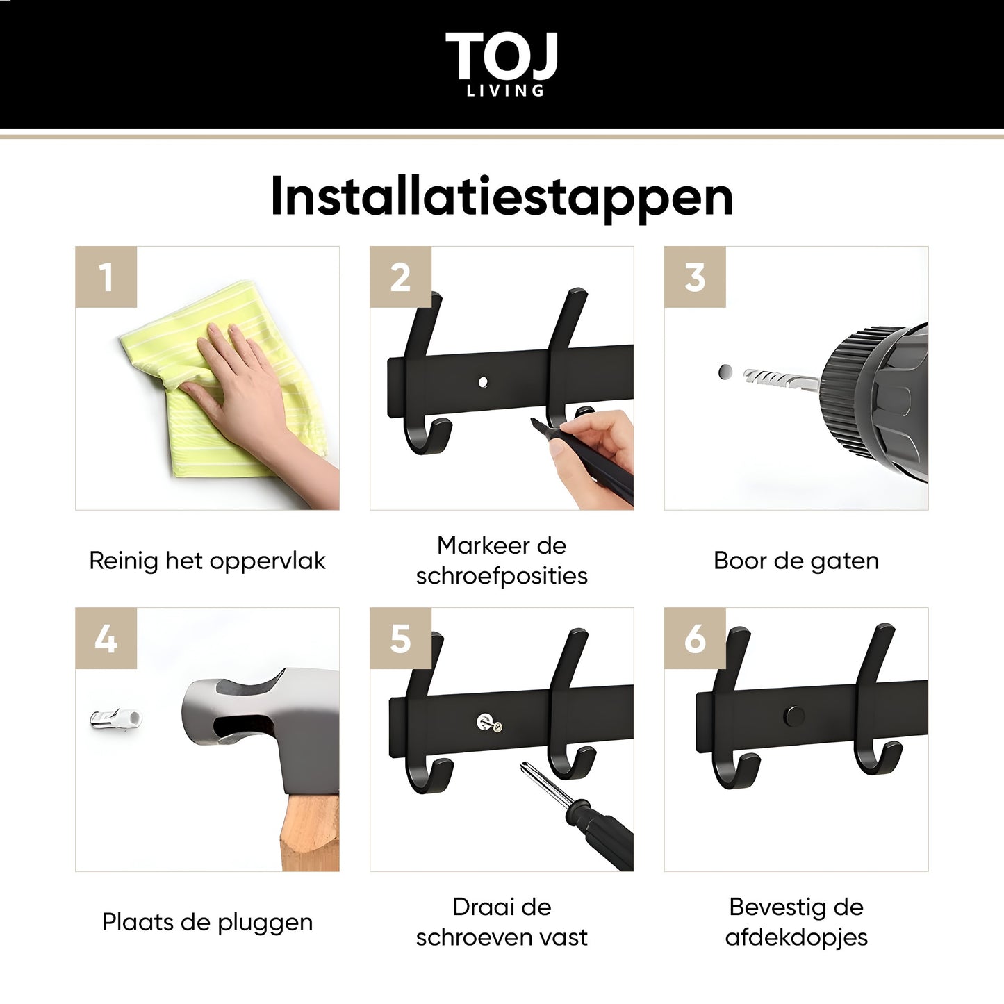 TOJ Living 14 Haaks Wandkapstok - RVS - 95CM - Mat Zwart