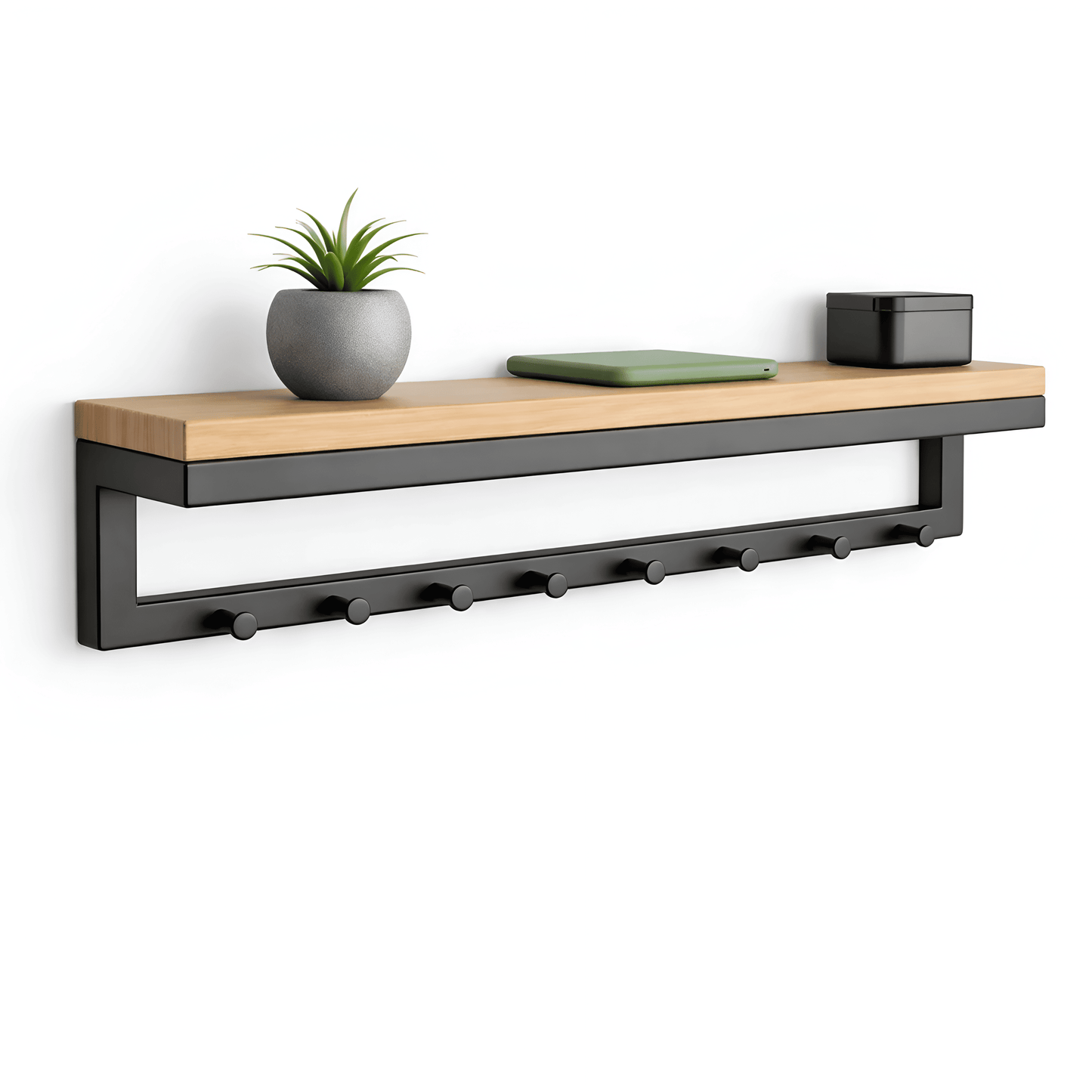 Perchero de pared con estante y 8 ganchos – 60 cm – acero inoxidable negro mate y madera natural | TOJ Living
