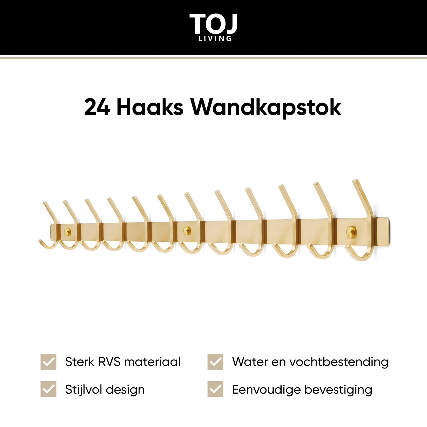 TOJ Living 24 Haaks Wandkapstok - RVS - 94CM - Goud
