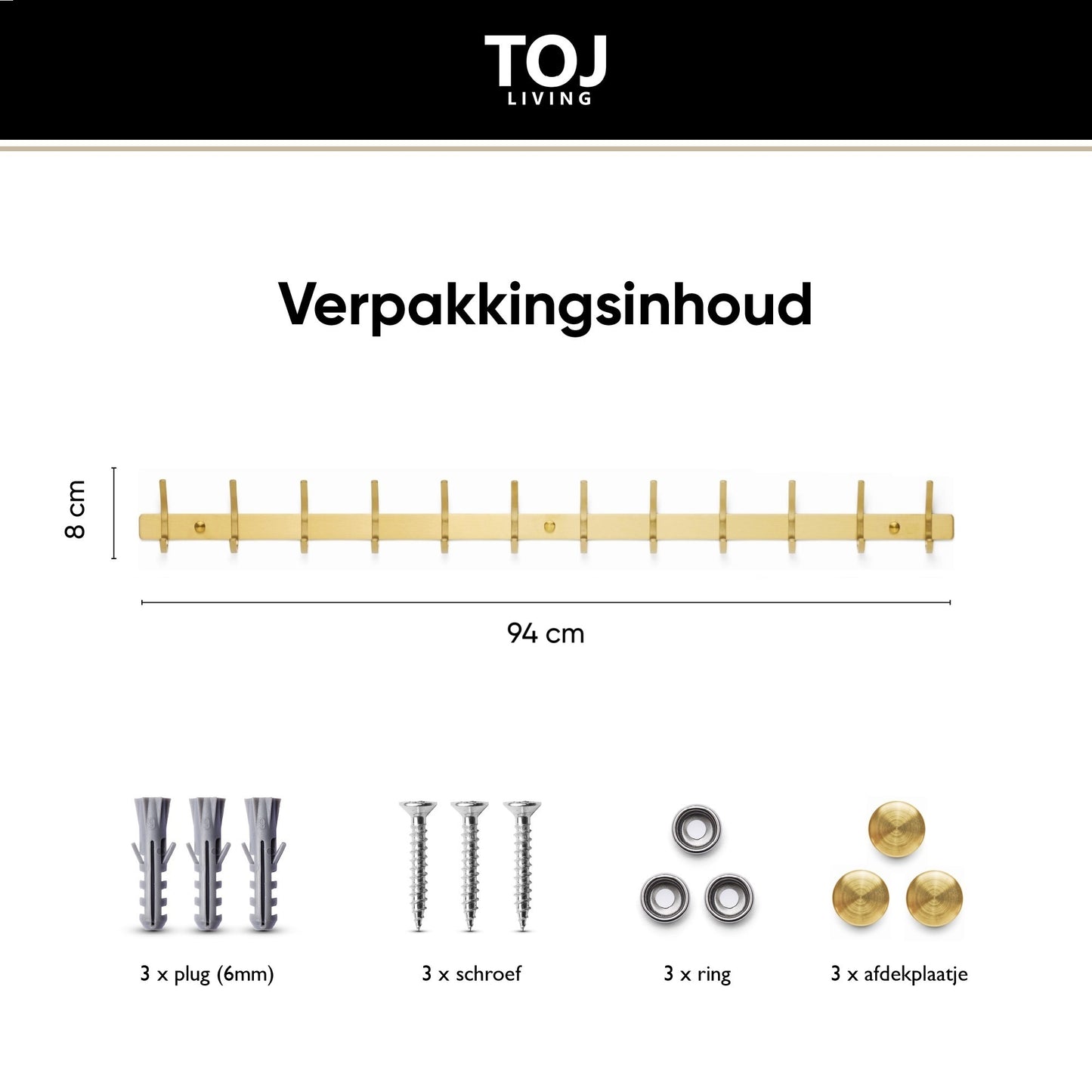 TOJ Living 24 Haaks Wandkapstok - RVS - 94CM - Goud