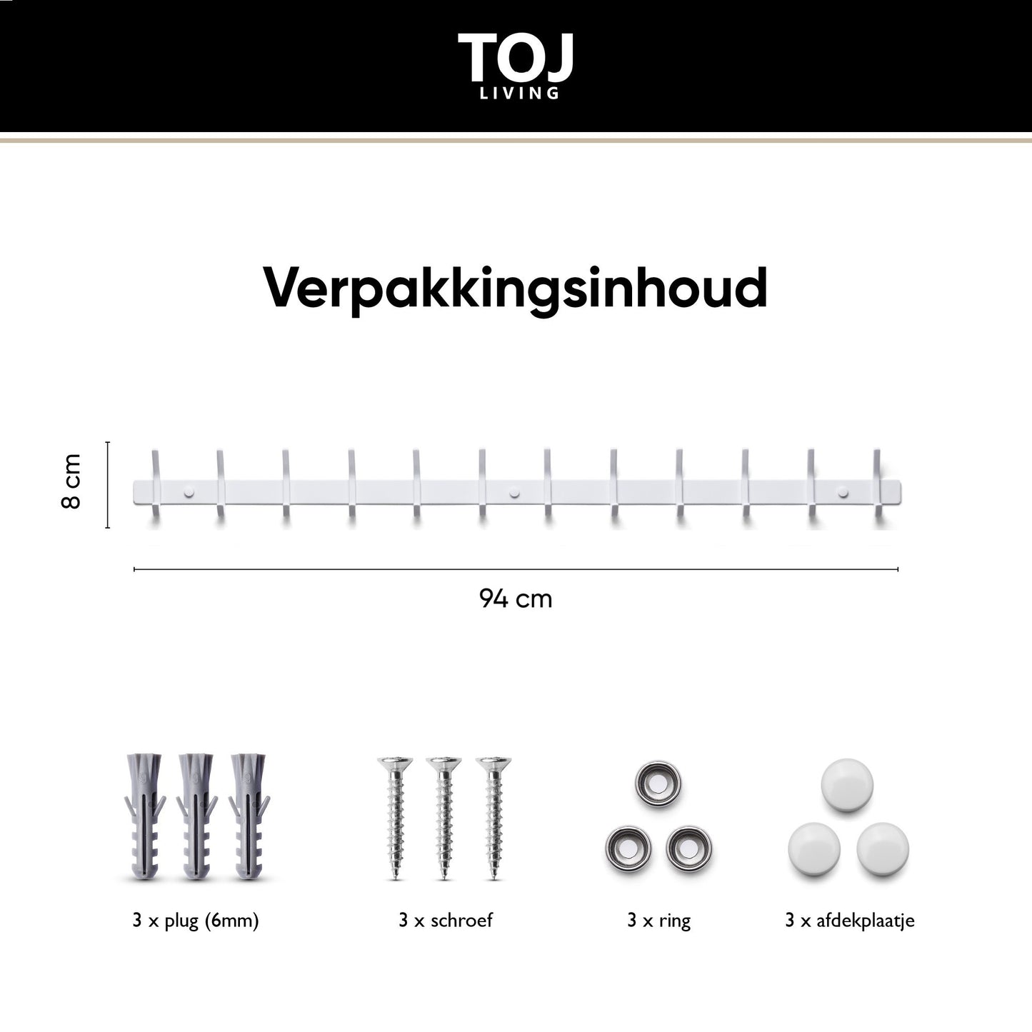 Wandkapstok 24 haken - RVS - 94 cm -  Wit | TOJ Living