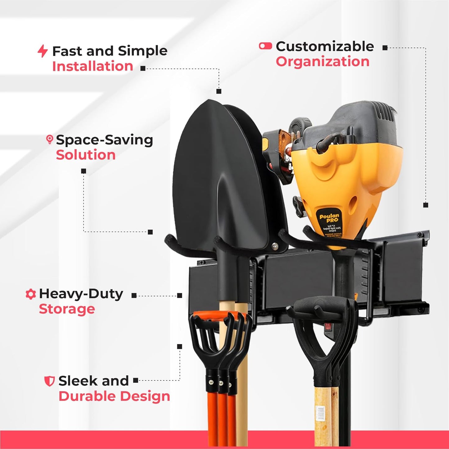 Porte-outils mural - 3 rails de base + 6 crochets - Métal - 120 cm - Noir mat | TOJ Living