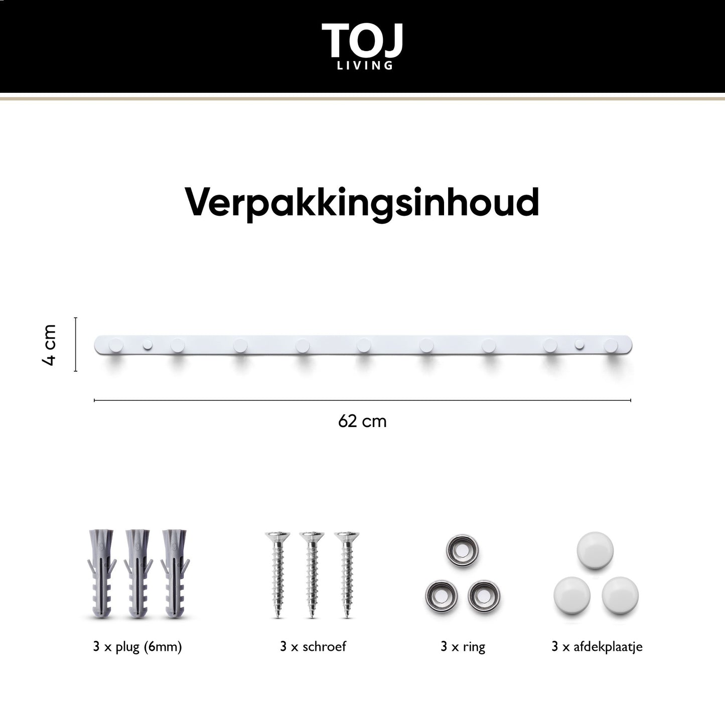 TOJ Living 9 Haaks Wandkapstok - RVS - 62CM - Wit