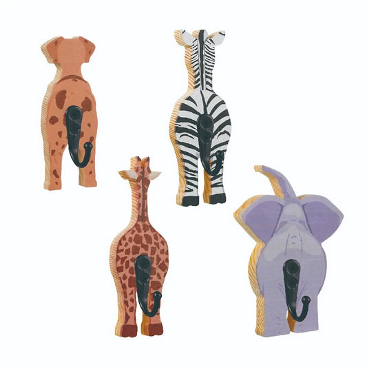 Selbstklebende Kinder-Garderobenhaken – 4er-Set – Holz – Safari-Tiere | TOJ Living