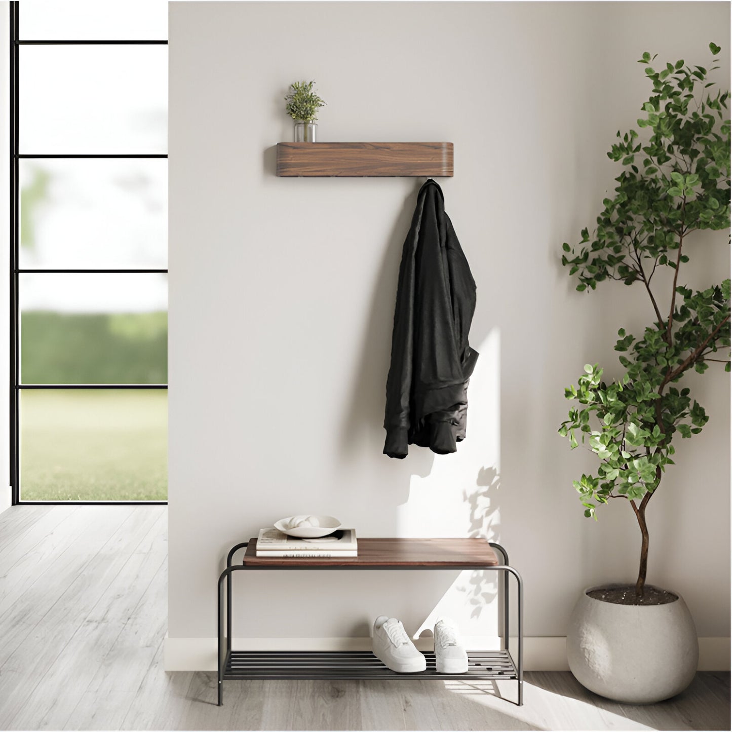 Perchero de pared con 6 ganchos – madera y acero – 53 cm – negro mate / color nogal | TOJ Living