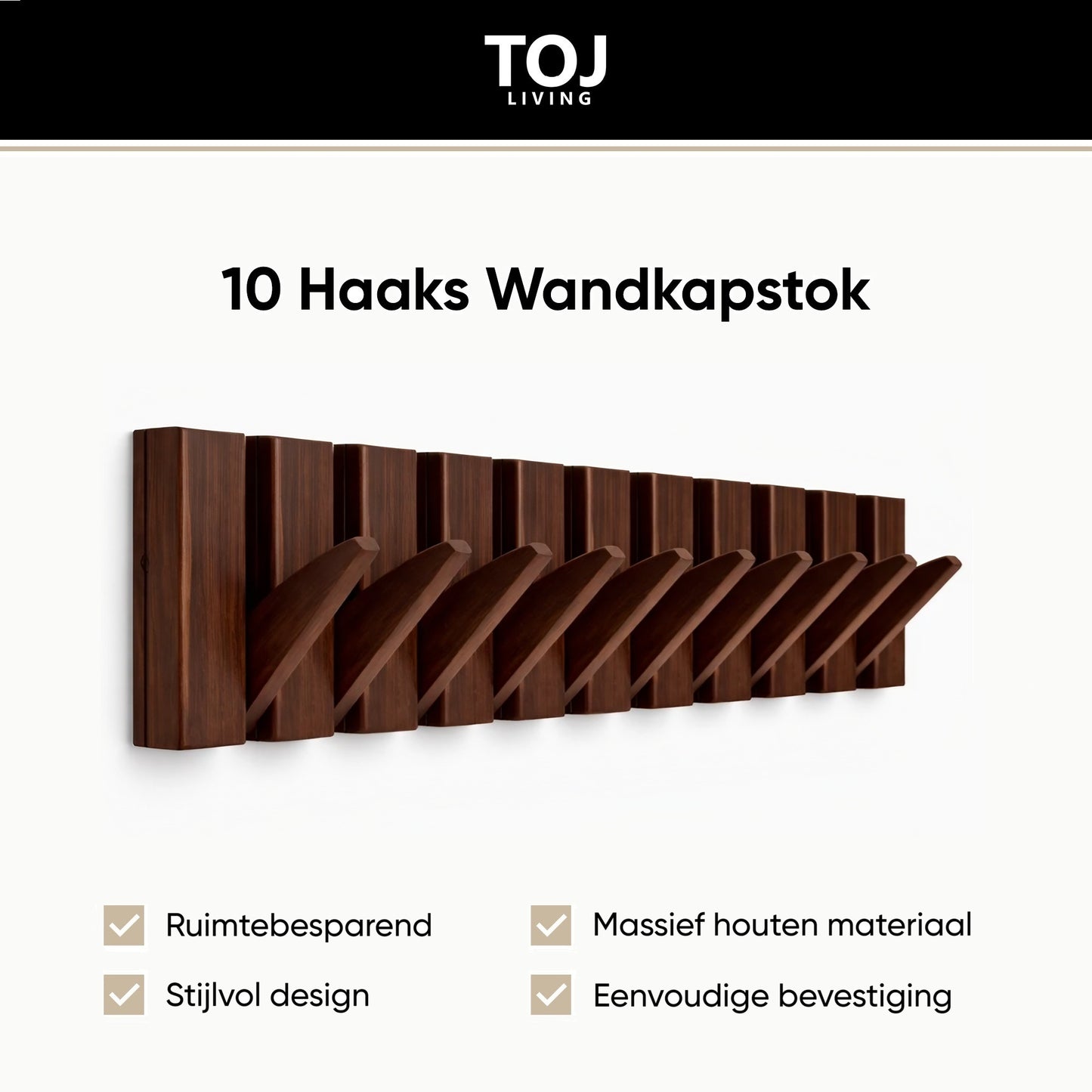 Perchero de pared con 10 ganchos – madera – 70 cm – color nogal | TOJ Living