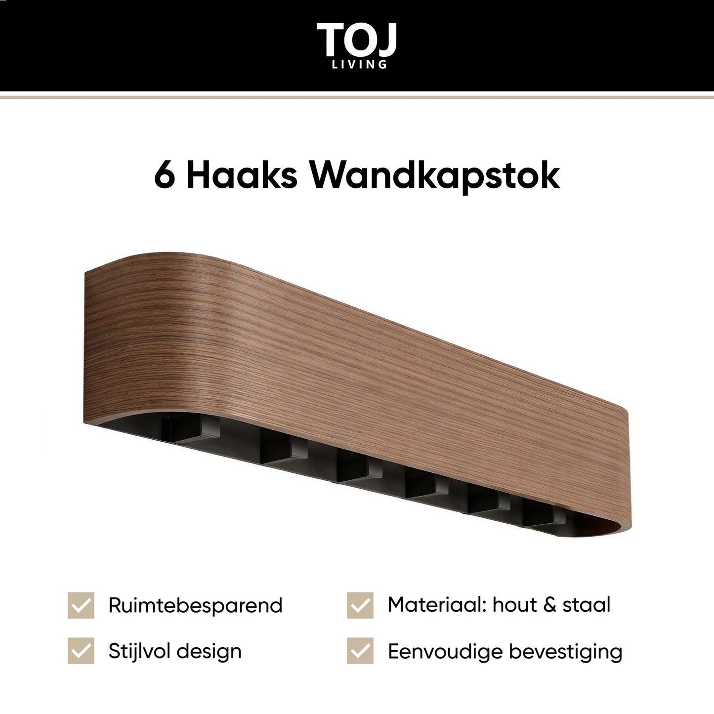 Perchero de pared con 6 ganchos – madera y acero – 53 cm – negro mate / color nogal | TOJ Living