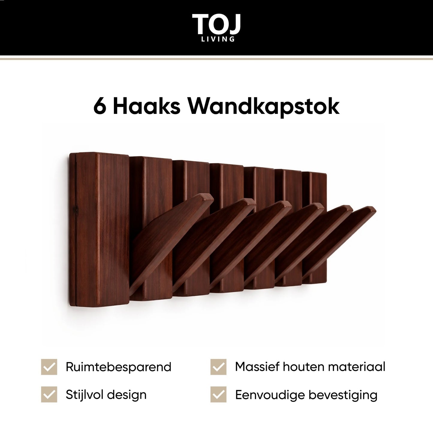 Perchero de pared con 6 ganchos – madera – 44 cm – color nogal | TOJ Living