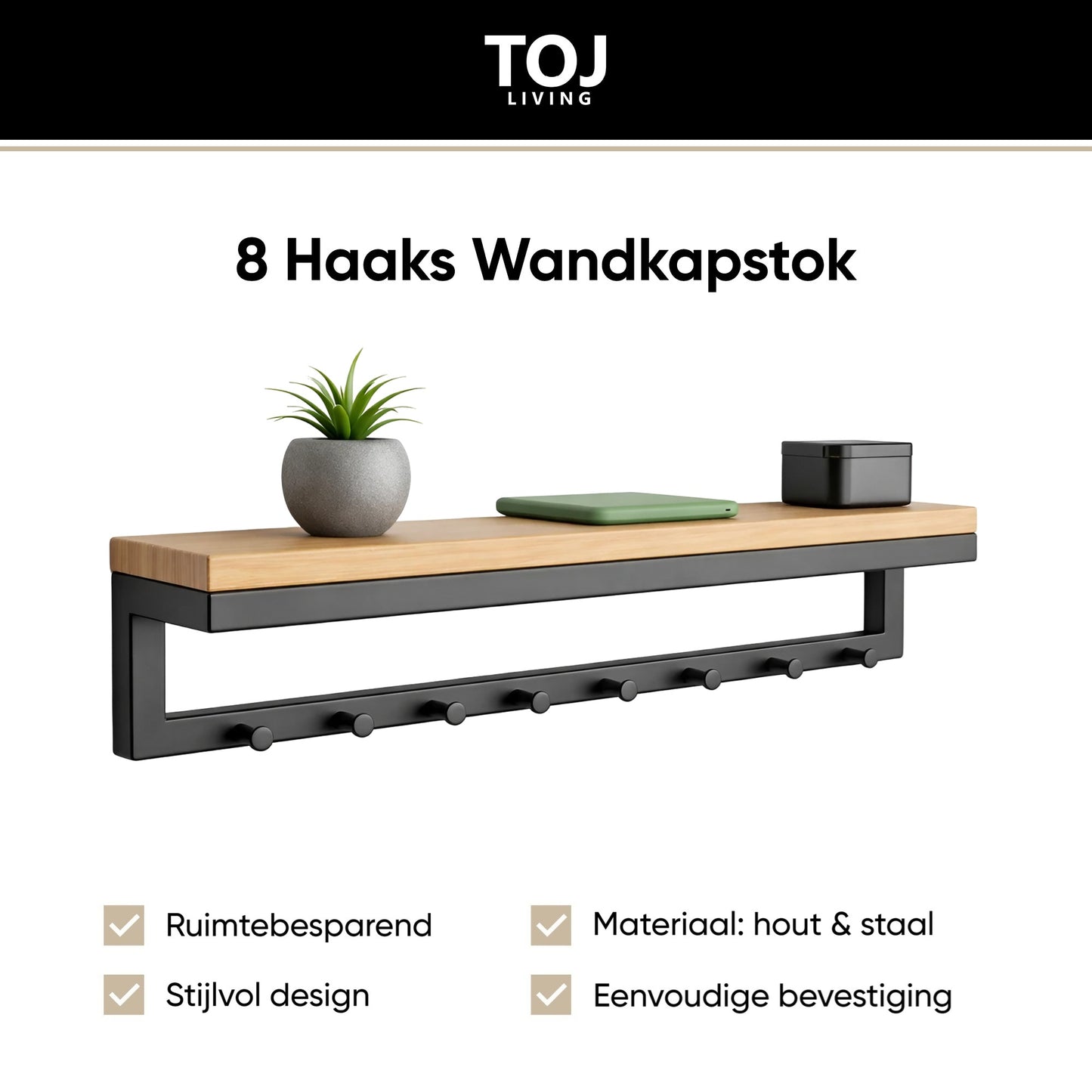 Perchero de pared con estante y 8 ganchos – 60 cm – acero inoxidable negro mate y madera natural | TOJ Living