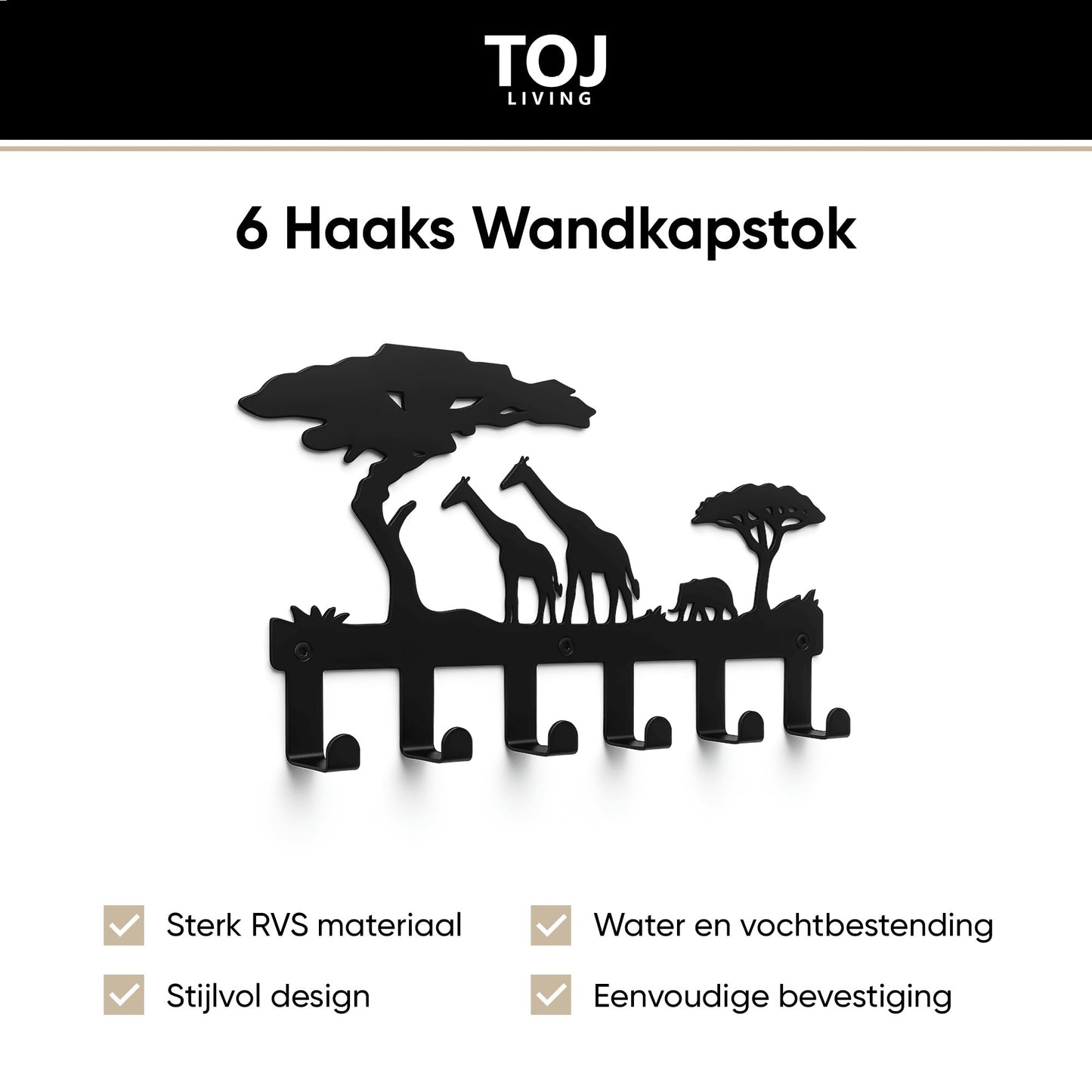 Jungle kinderkapstok 6 haken - RVS - 40 cm - Mat zwart | TOJ Living