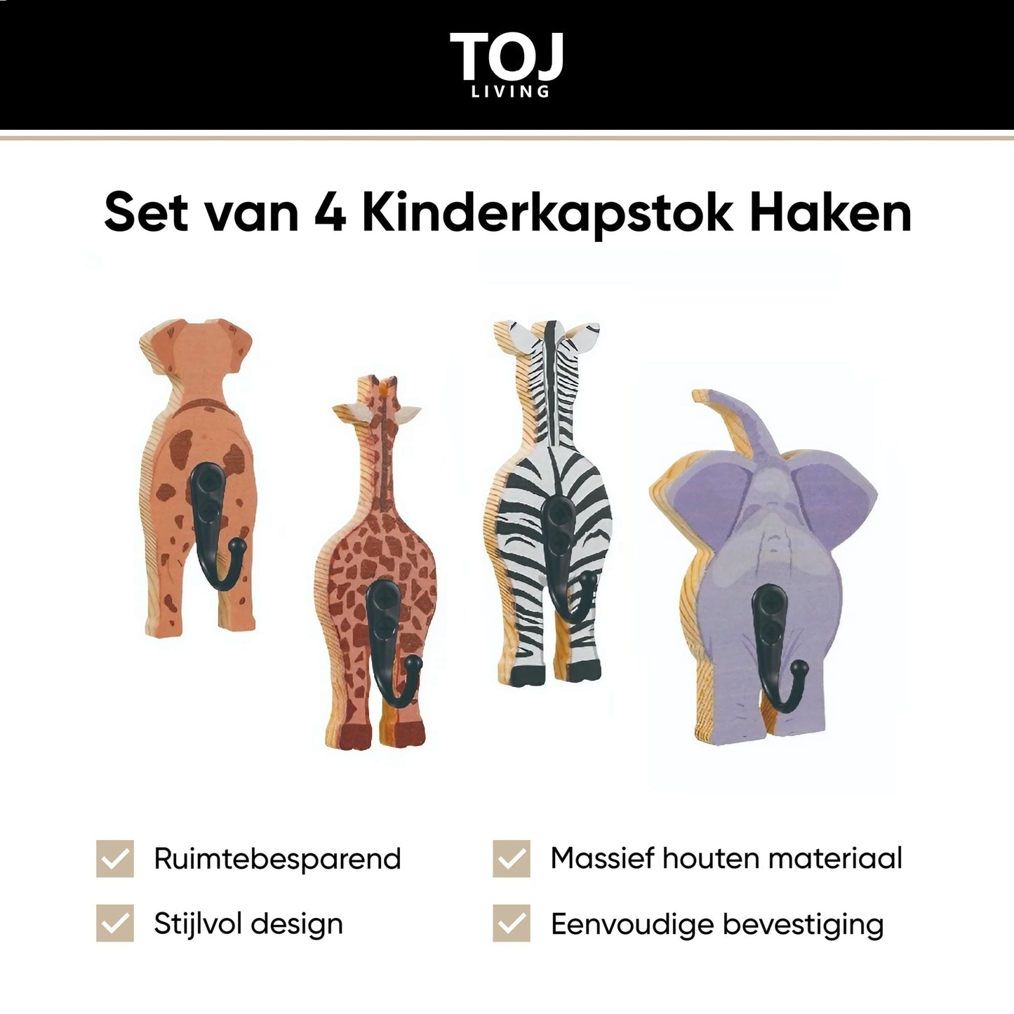 Perchero infantil autoadhesivo con 4 ganchos – madera – animales safari | TOJ Living
