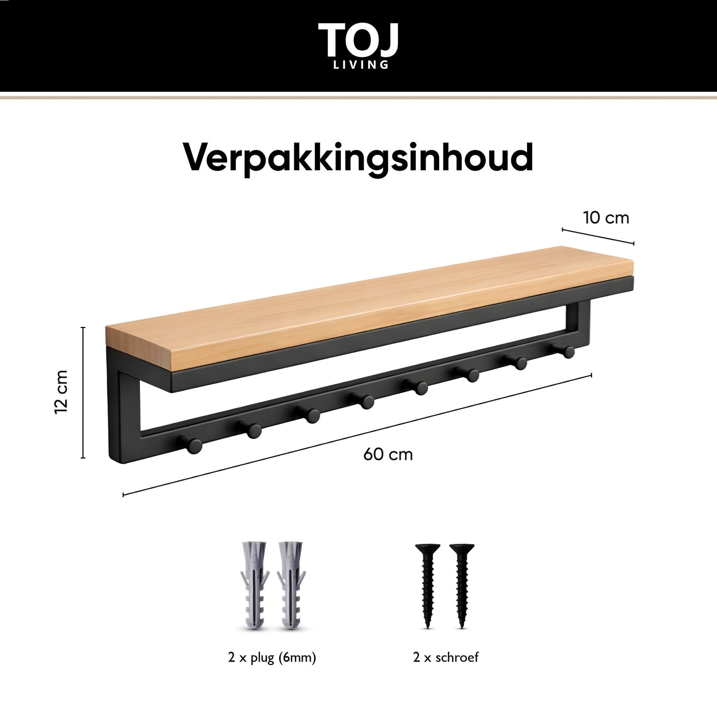 Perchero de pared con estante y 8 ganchos – 60 cm – acero inoxidable negro mate y madera natural | TOJ Living